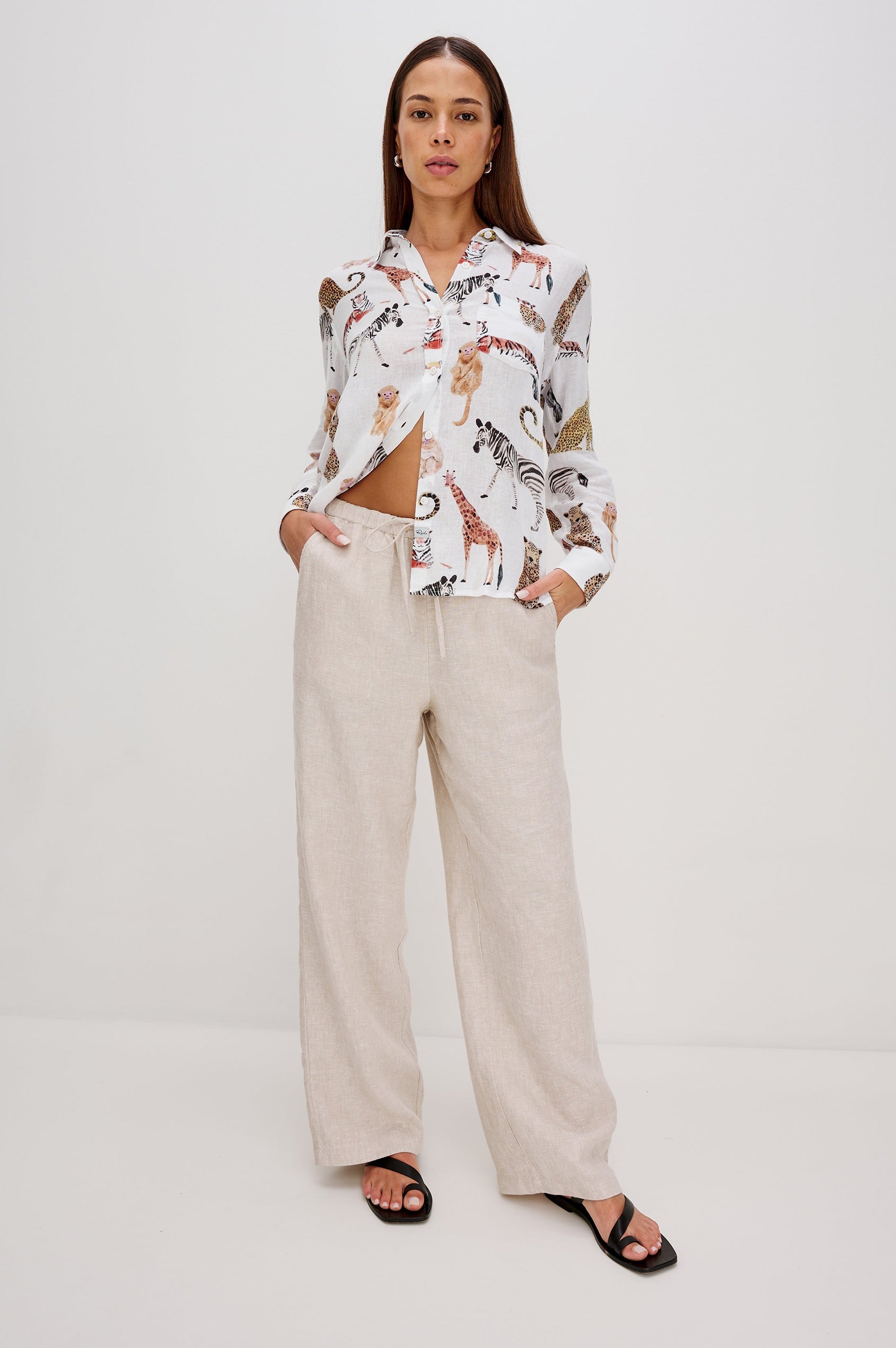 Charli Collared Button Front Shirt with Long Sleeves and a Front Chest Pocket in Jungle Animals Colorway. Full Body Front View Shown on Model.