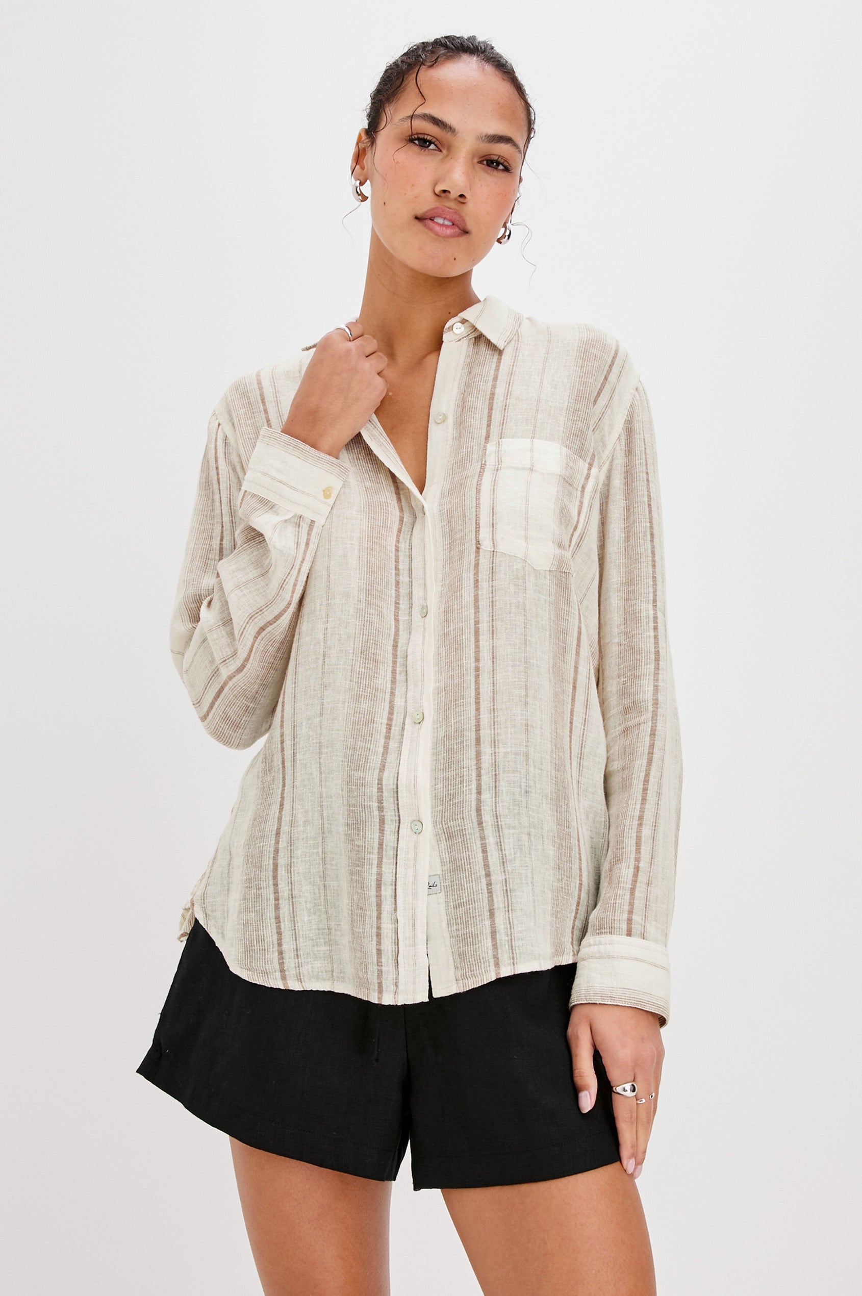 Charli Collared Button Front Shirt with Long Sleeves and a Front Chest Pocket in Reims Stripe Colorway. Front View Shown on Model.