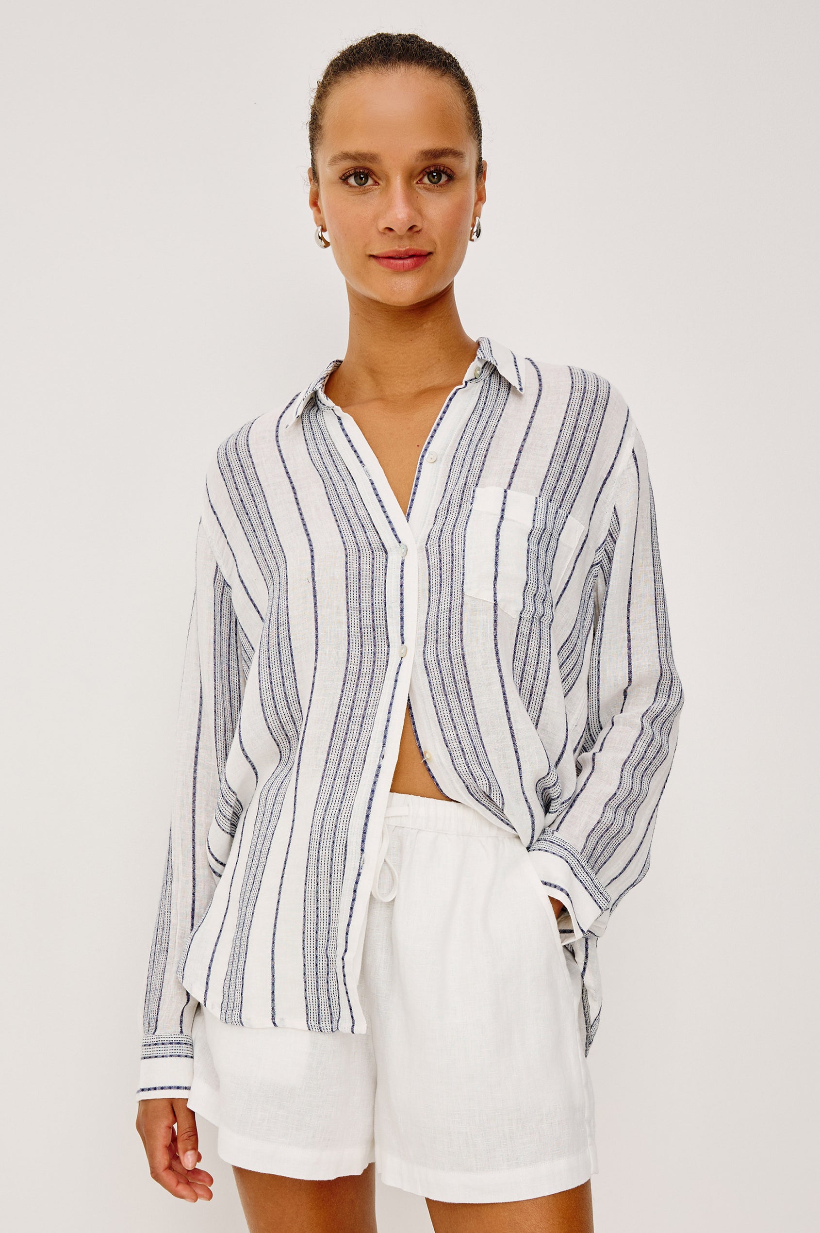 Charli Button-Up Shirt in Linen Blend With Collar, Long Sleeves, Relaxed Fit, and Single Chest Patch Pocket in Salino Stripe Colorway - Upper Body Front View Featured on Model