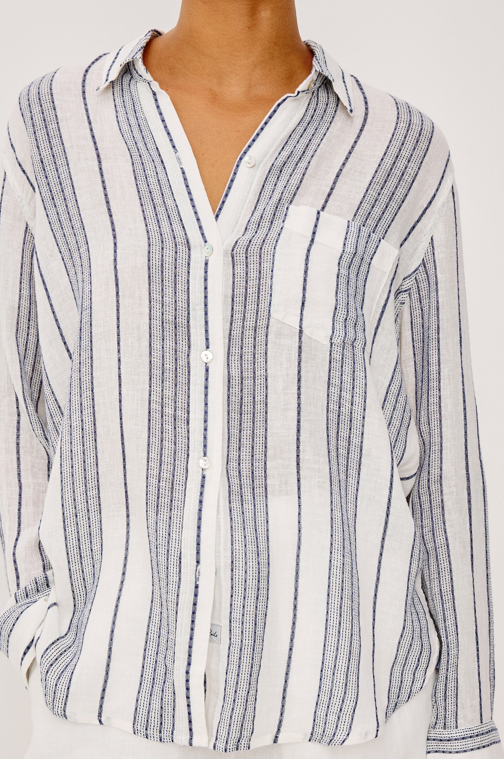 Charli Button-Up Shirt in Linen Blend With Collar, Long Sleeves, Relaxed Fit, and Single Chest Patch Pocket in Salino Stripe Colorway - Upper Body Front View Featured on Model