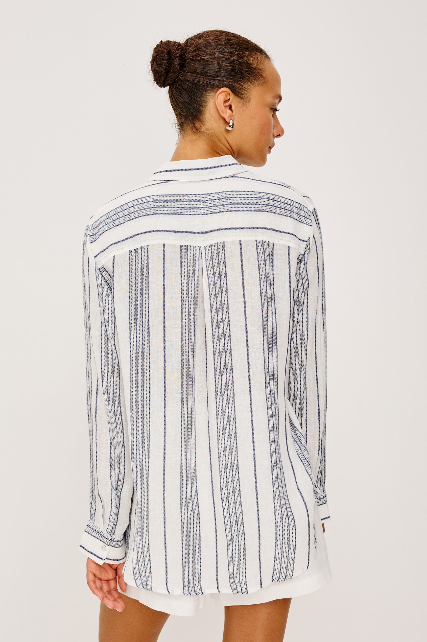 Charli Button-Up Shirt in Linen Blend With Collar, Long Sleeves, Relaxed Fit, and Single Chest Patch Pocket in Salino Stripe Colorway - Upper Body Back View Featured on Model