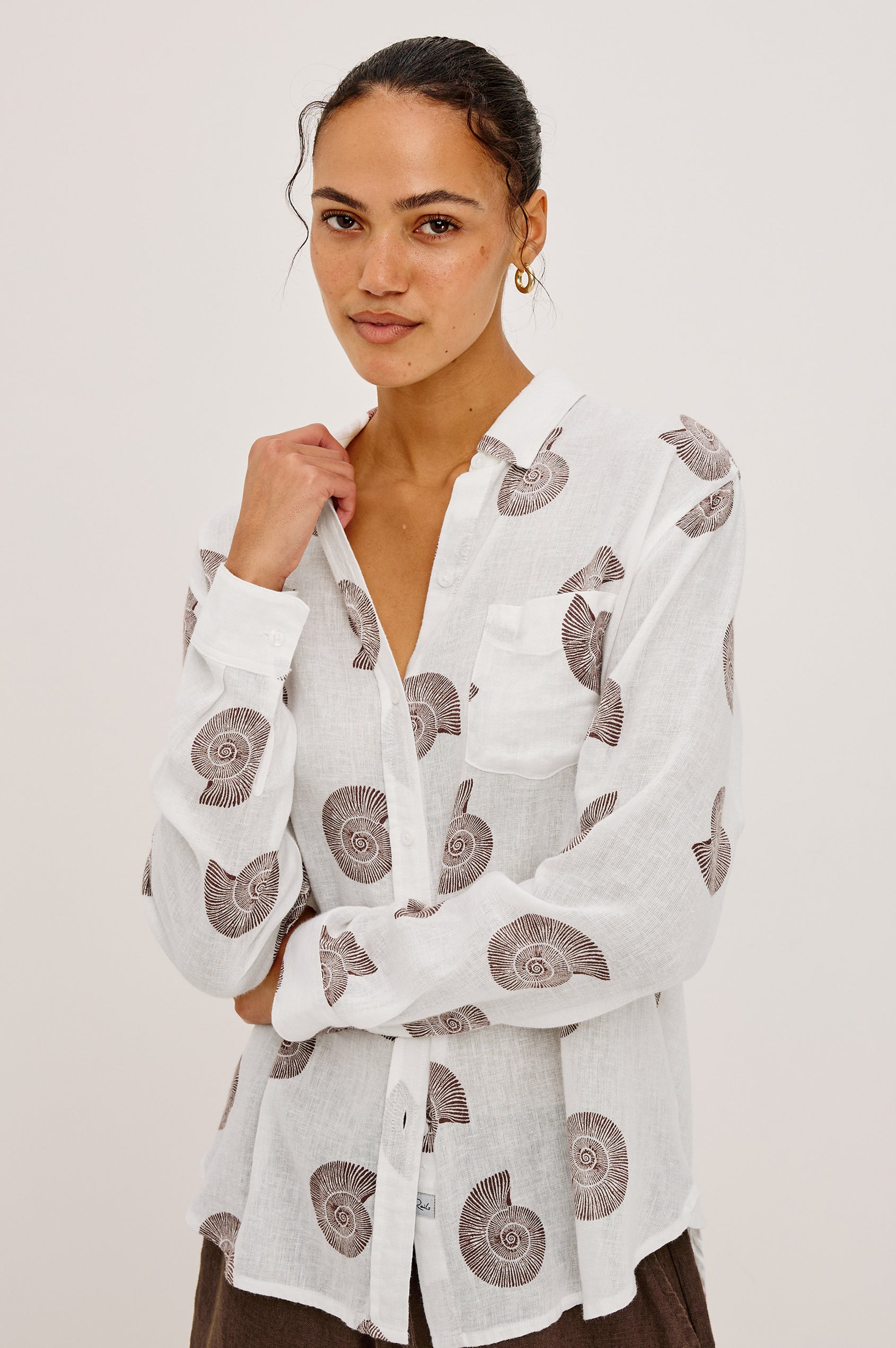 Charli Button-Up Shirt in Linen Blend With Collar, Long Sleeves, Relaxed Fit, and Single Chest Patch Pocket in Spiral Shells Colorway - Upper Body Front View Featured on Model