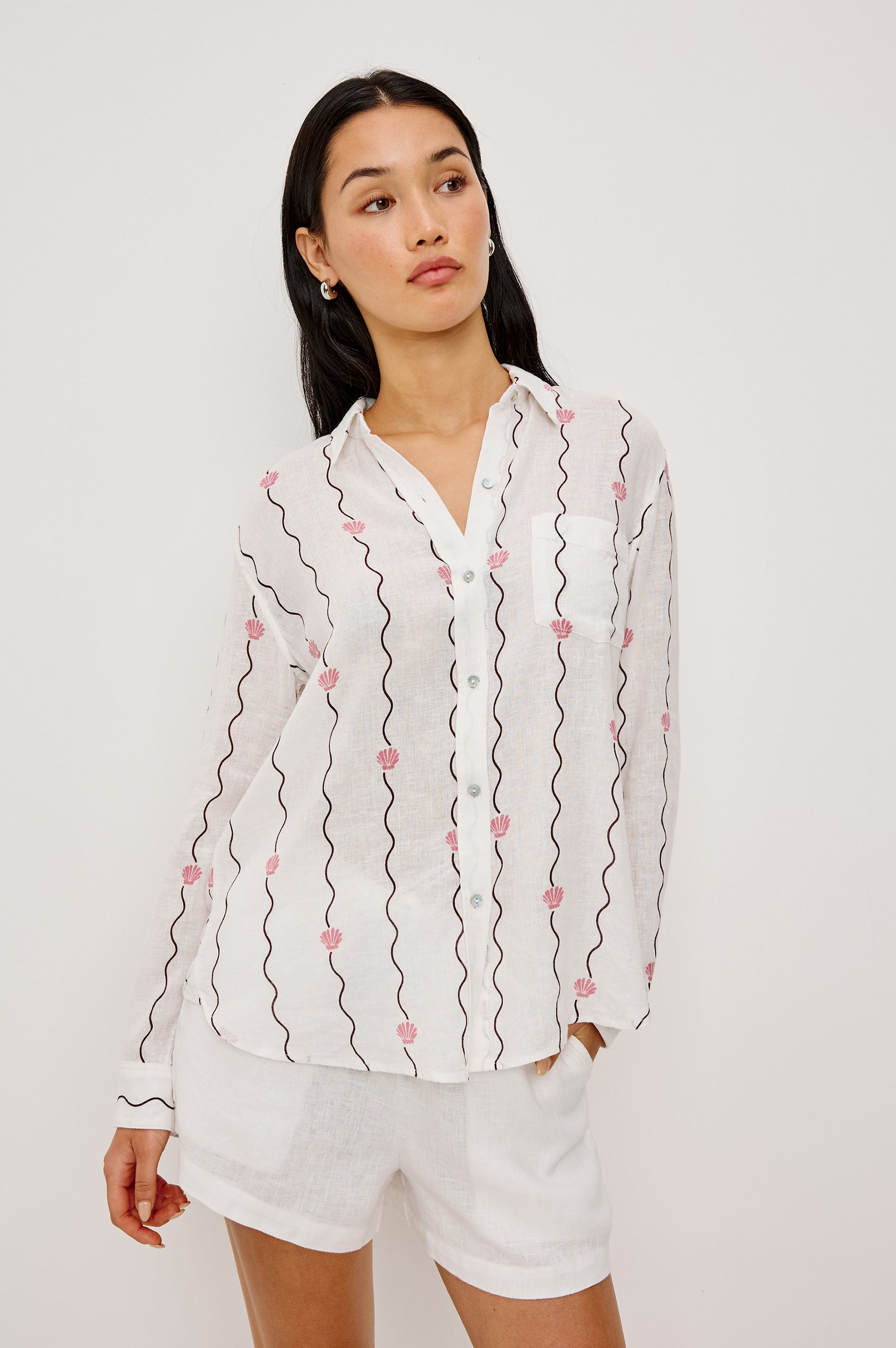 Charli Button-Up Shirt in Eco-Friendly Linen Blend With Collar Long Sleeves Single Chest Patch Pocket in Striped Seashells Colorway - Upper Body Front View Featured on Model