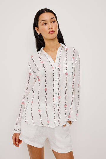 Charli Button-Up Shirt in Eco-Friendly Linen Blend With Collar Long Sleeves Single Chest Patch Pocket in Striped Seashells Colorway - Upper Body Front View Featured on Model