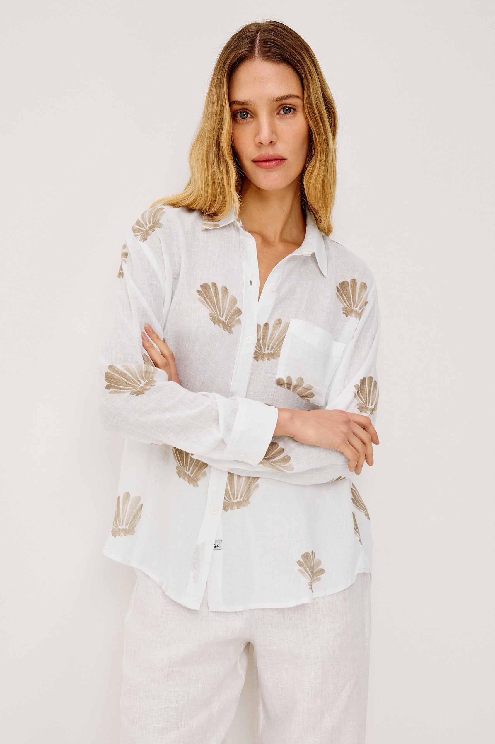Charli Button-Up Shirt in Eco-Friendly Linen Blend With Collar, Long Sleeves, Single Chest Patch Pocket in Taupe Shells Colorway - Upper Body Front View Featured on Model