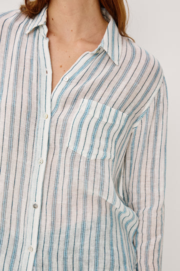 Charli Button-Up Shirt in Eco-Friendly Linen Blend With Collar Long Sleeves Single Chest Patch Pocket in Ivory Bengal Colorway - Upper Body Close Up View Featured on Model