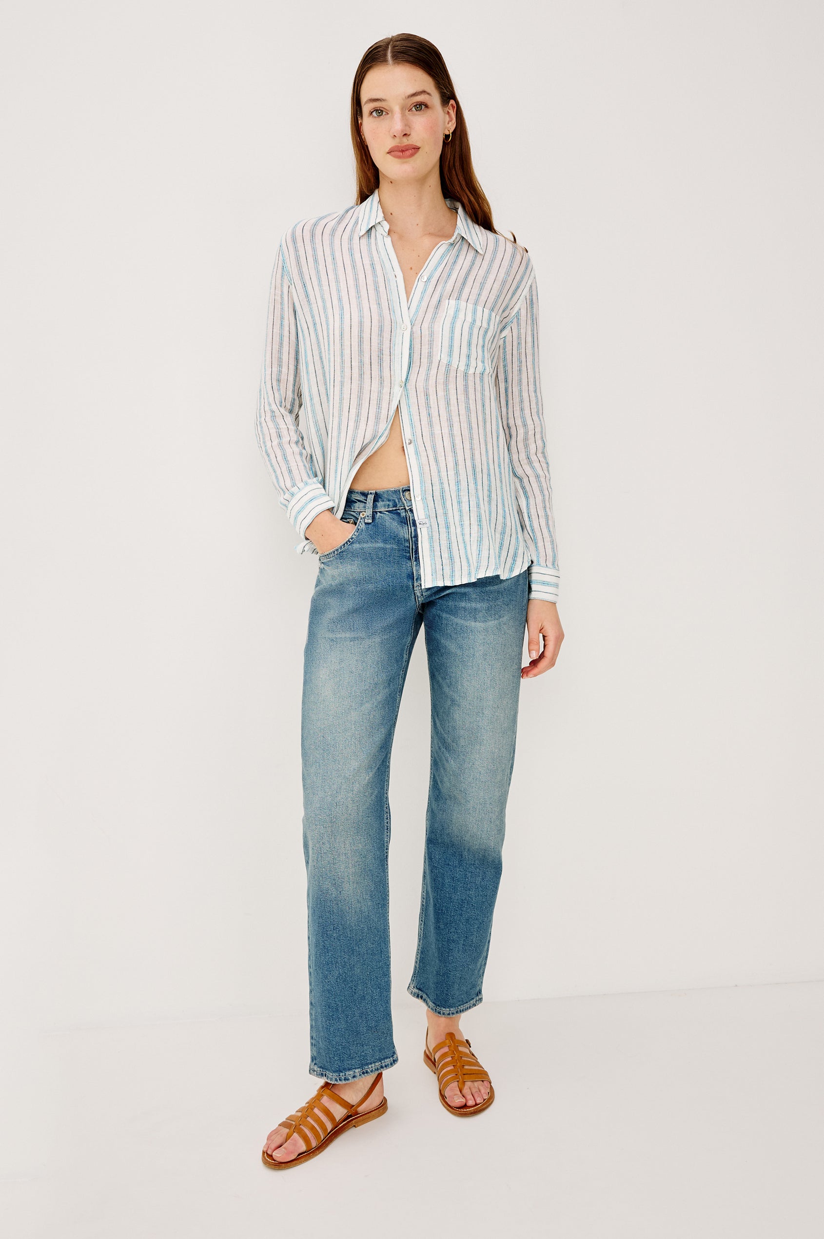 Charli Button-Up Shirt in Eco-Friendly Linen Blend With Collar Long Sleeves Single Chest Patch Pocket in Ivory Bengal Colorway - Full Body Front View Featured on Model