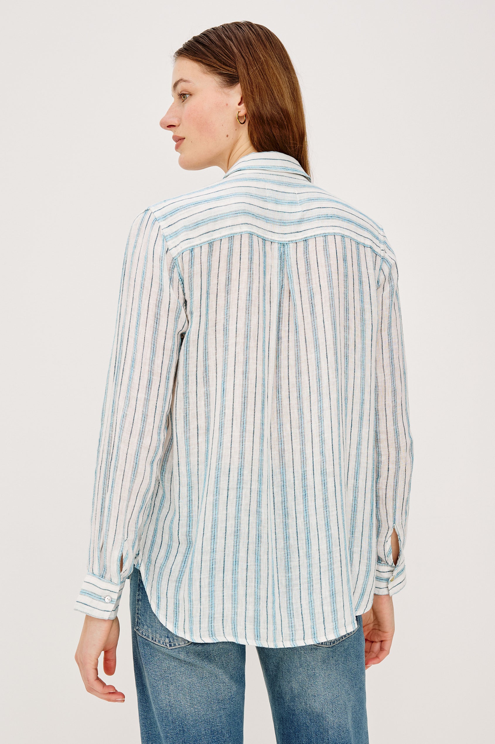 Charli Button-Up Shirt in Eco-Friendly Linen Blend With Collar Long Sleeves Single Chest Patch Pocket in Ivory Bengal Colorway - Upper Body Back View Featured on Model