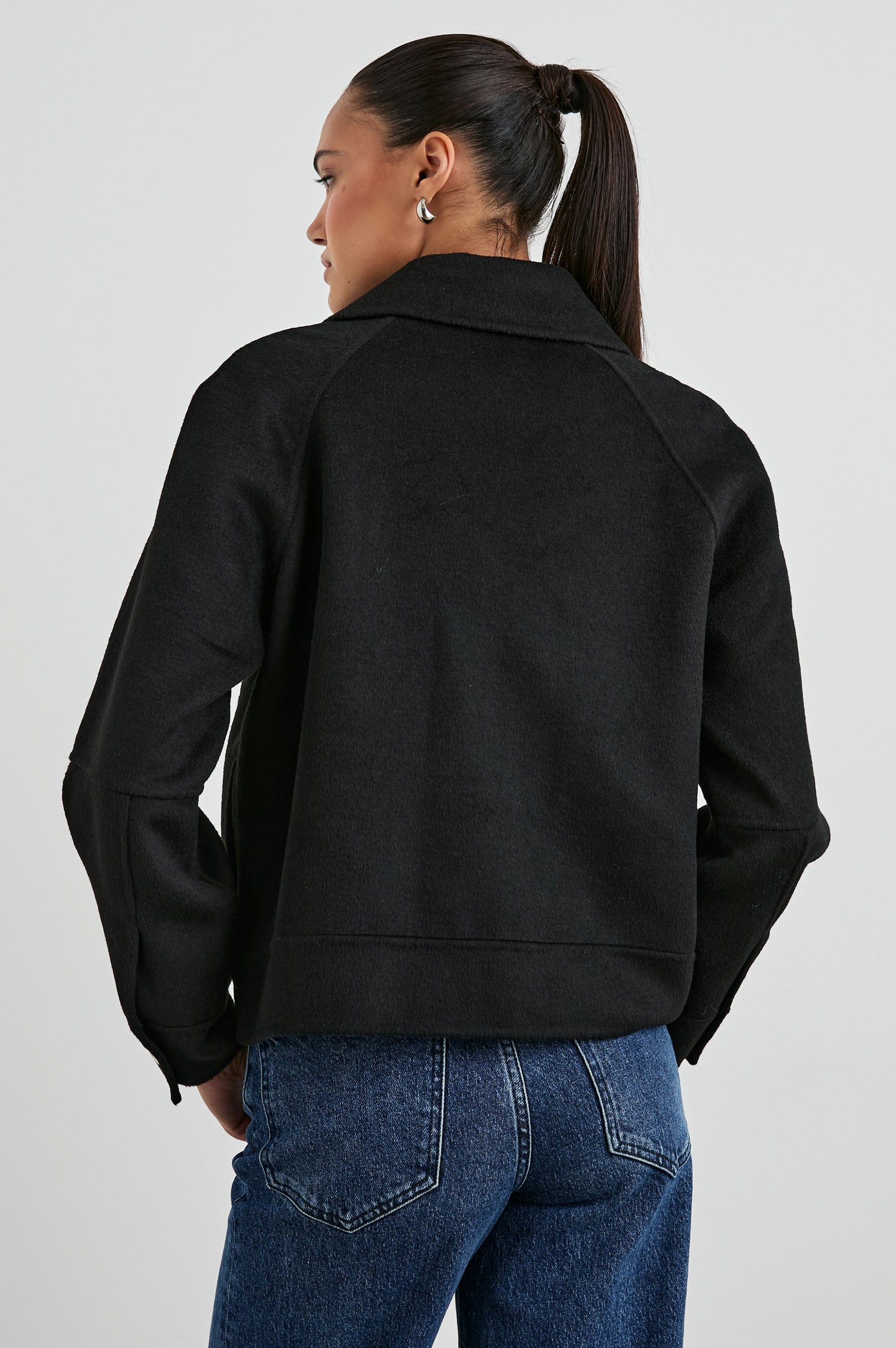 Cheyenne Zip-Up Jacket with Two Chest Flap Pockets and Dual Zipper in Black Colorway - Back View Featured on Model 