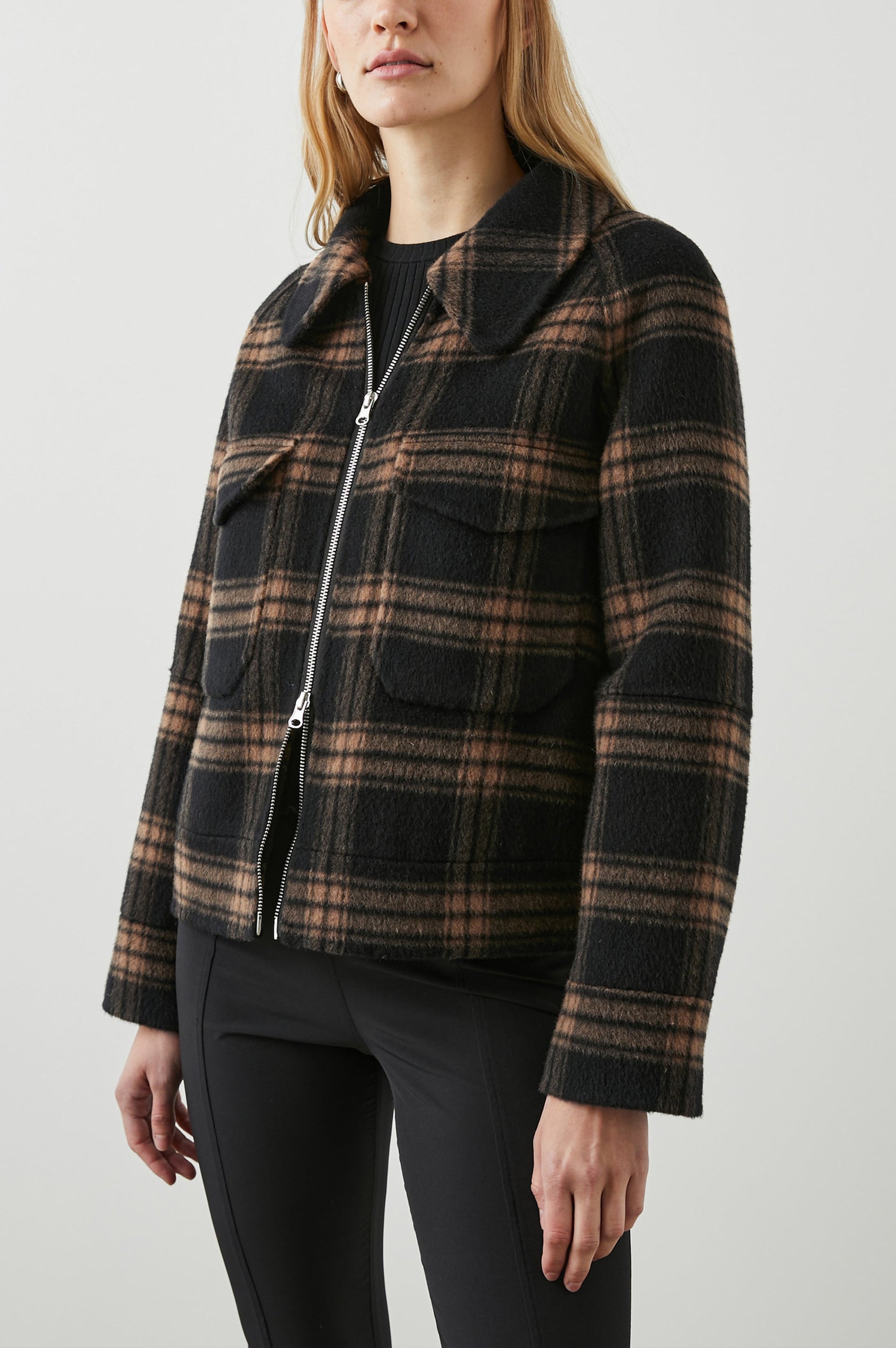 Cheyenne Zip-Up Jacket with Two Chest Flap Pockets and Dual Zipper in Camel Jet Colorway, a plaid - Front View Featured on Model 