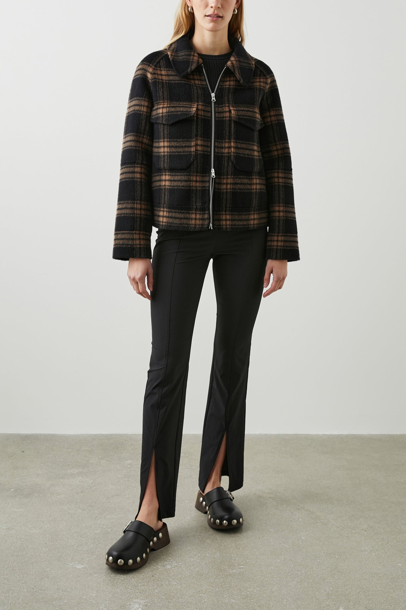 Cheyenne Zip-Up Jacket with Two Chest Flap Pockets and Dual Zipper in Camel Jet Colorway, a plaid - Front Full Body View Featured on Model 