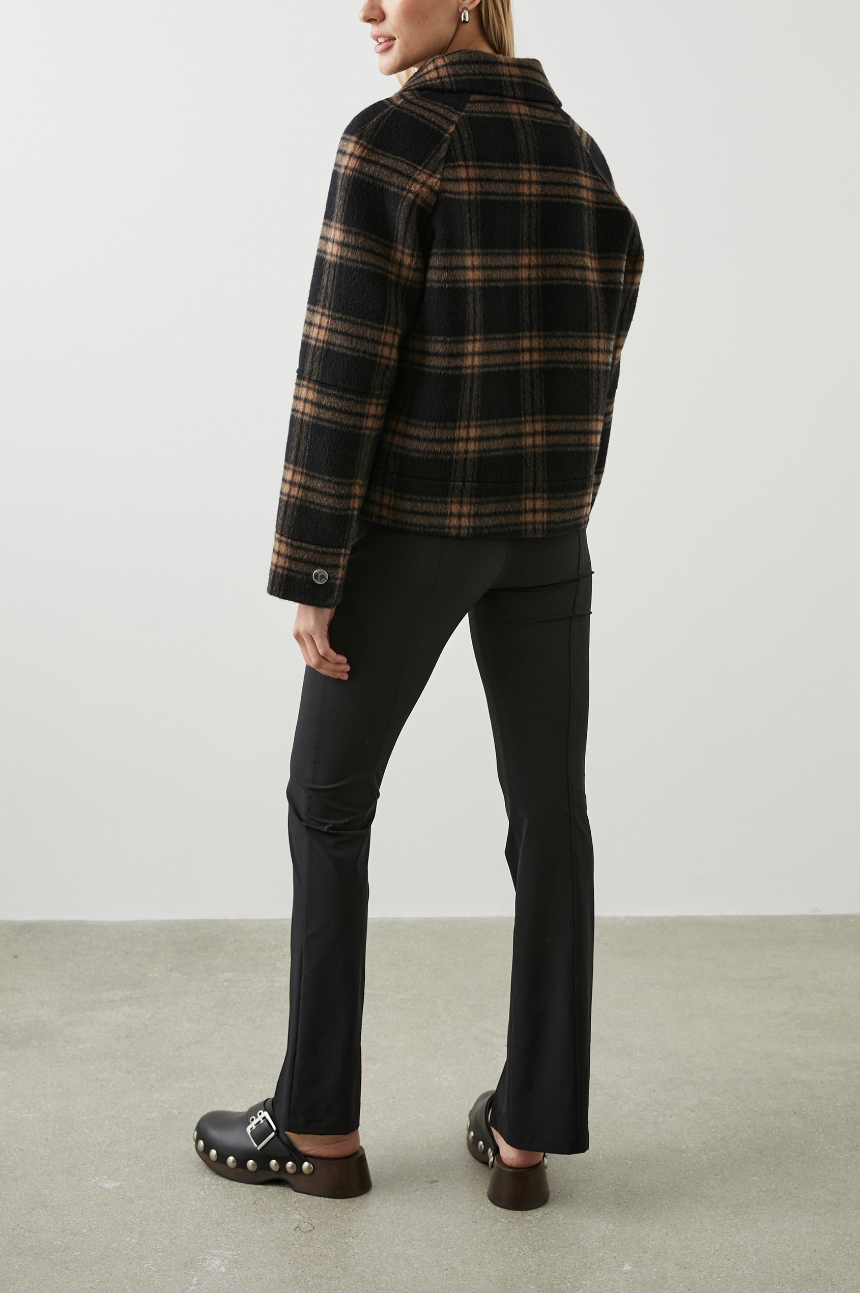 Cheyenne Zip-Up Jacket with Two Chest Flap Pockets and Dual Zipper in Camel Jet Colorway, a plaid - Back View Featured on Model 