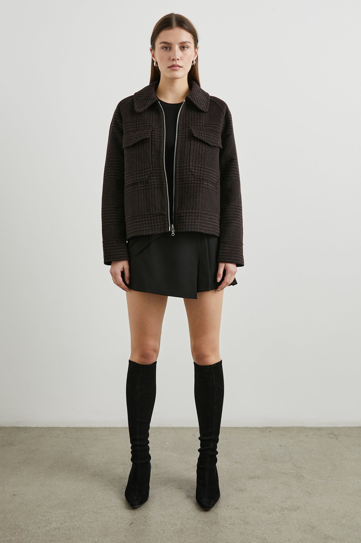 Cheyenne Zip-Up Jacket with Two Chest Flap Pockets, and Two Zippers in Espresso Houndstooth Colorway - Front Full Body View Featured on Model 