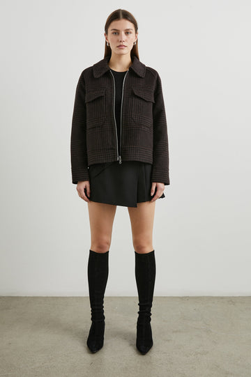 Cheyenne Zip-Up Jacket with Two Chest Flap Pockets, and Two Zippers in Espresso Houndstooth Colorway - Front Full Body View Featured on Model 