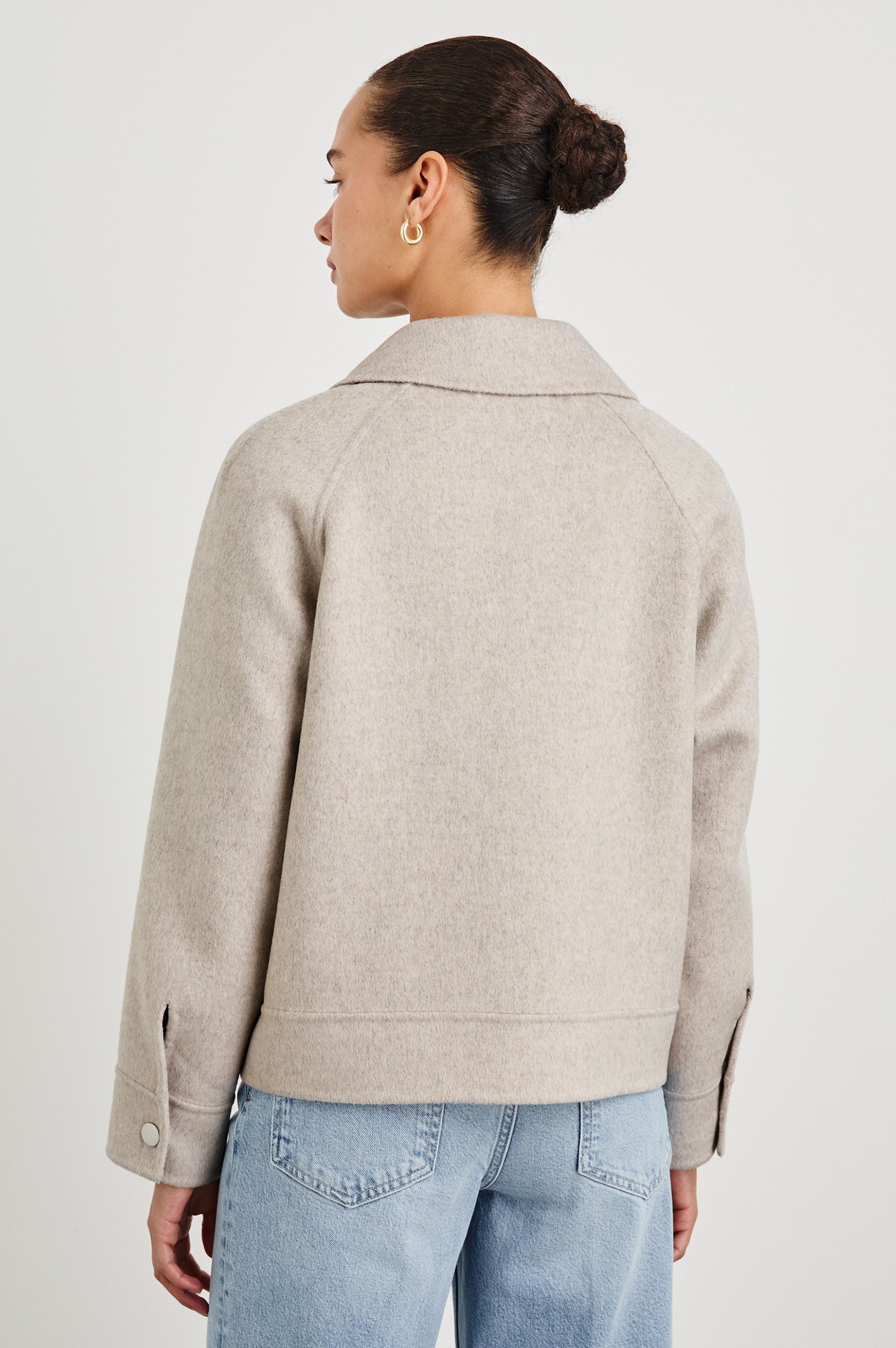 Cheyenne fitted wool jacket with oversized pockets and collar in Oatmeal - back view on model