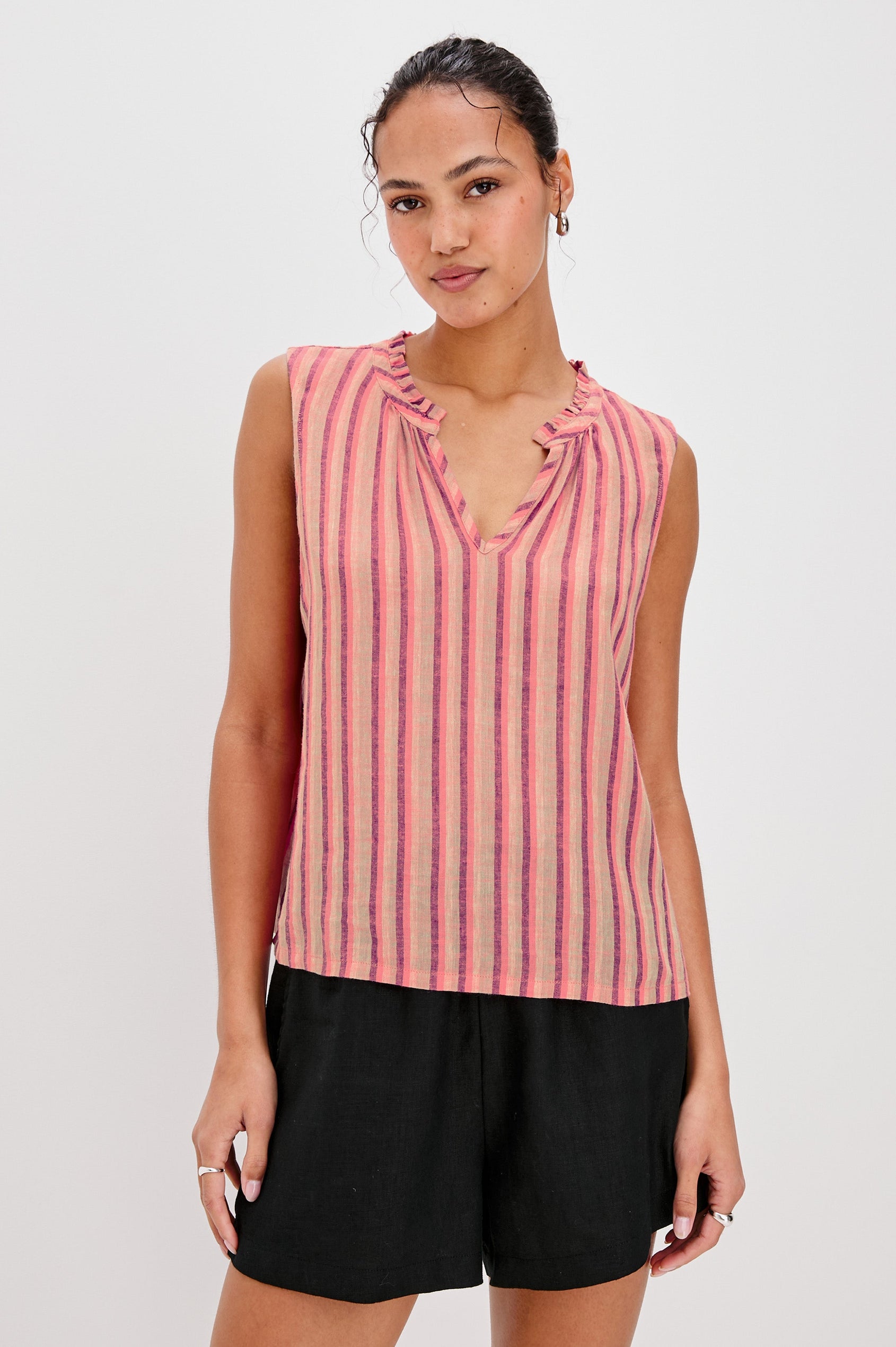 Christy Sleeveless V-Neck Tank Top in Cabana Stripe Colorway. Front View Shown on Model.