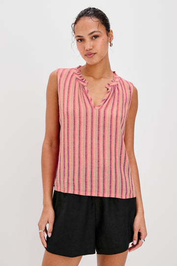 Christy Sleeveless V-Neck Tank Top in Cabana Stripe Colorway. Front View Shown on Model.