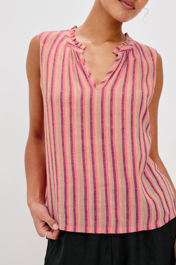 Christy Sleeveless V-Neck Tank Top in Cabana Stripe Colorway. Front Detailed View Shown on Model.