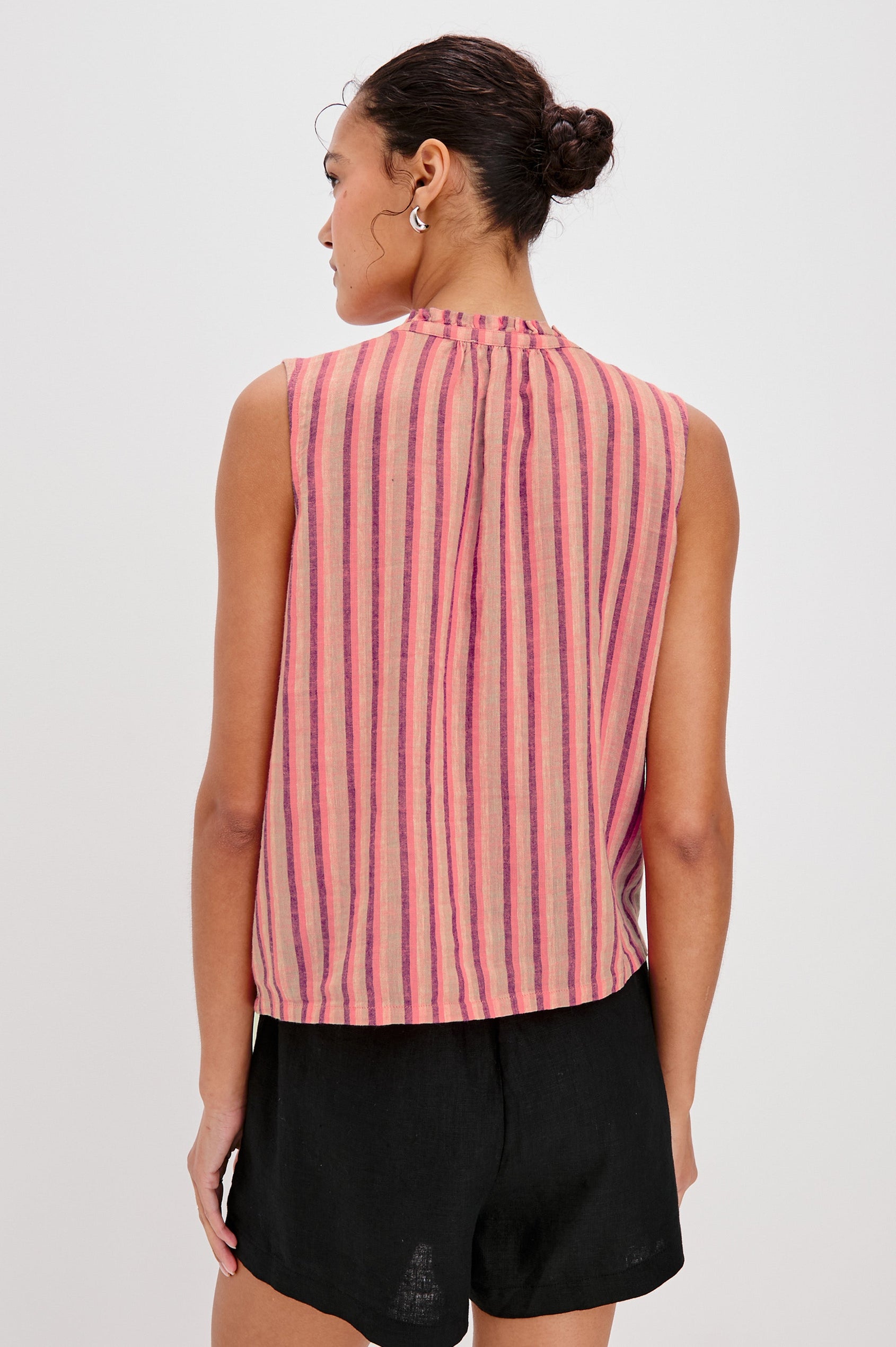 Christy Sleeveless V-Neck Tank Top in Cabana Stripe Colorway. Back View Shown on Model.
