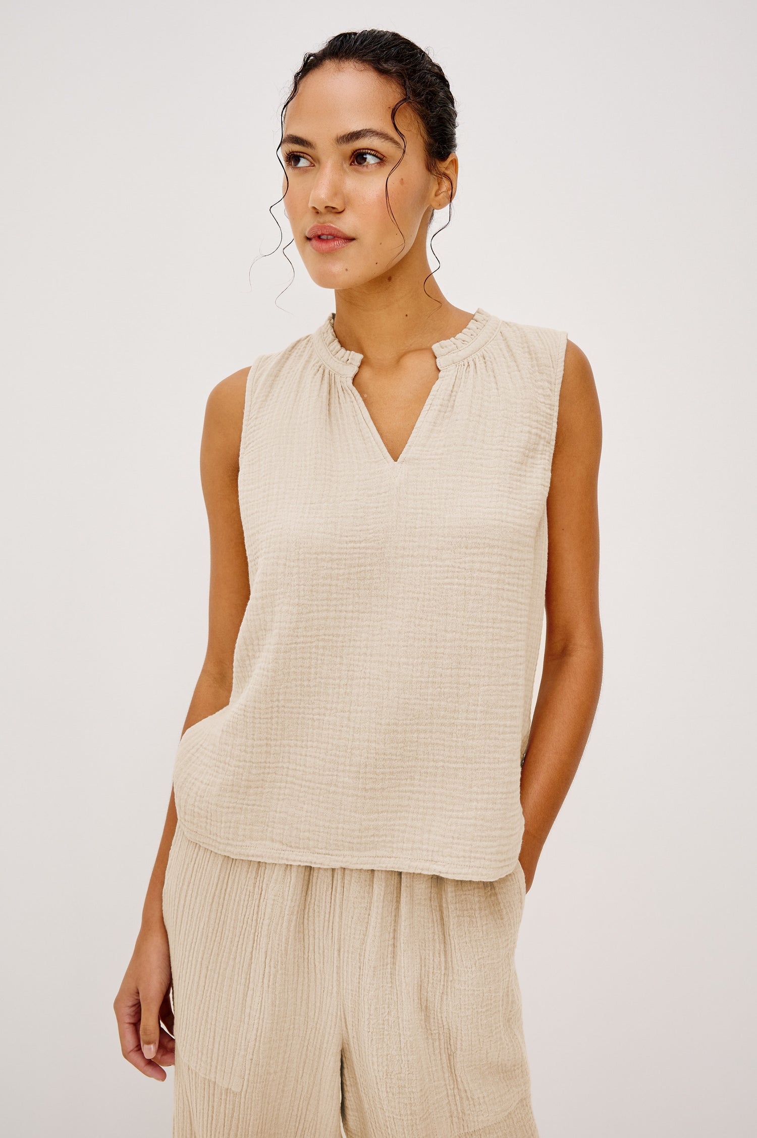 Christy Cotton Gauze Sleeveless Top with Collared V-Neck In Colorway Light Brown Heather Flax Colorway - Upper Body Front View Featured On Model