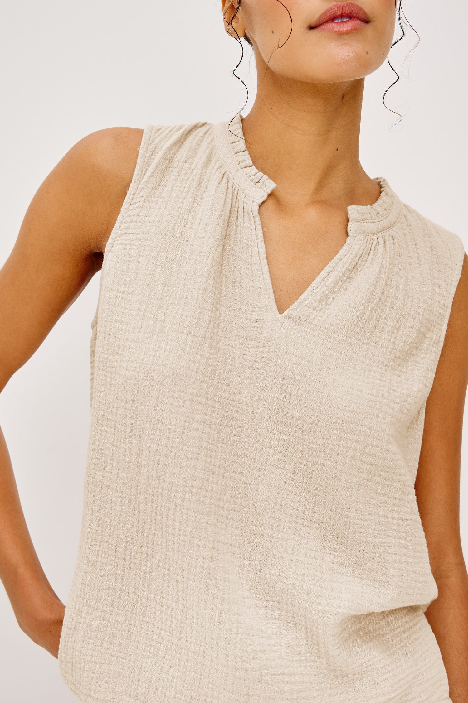 Christy Cotton Gauze Sleeveless Top with Collared V-Neck In Colorway Light Brown Heather Flax Colorway - Upper Body Front View Zoomed In Details Featured On Model
