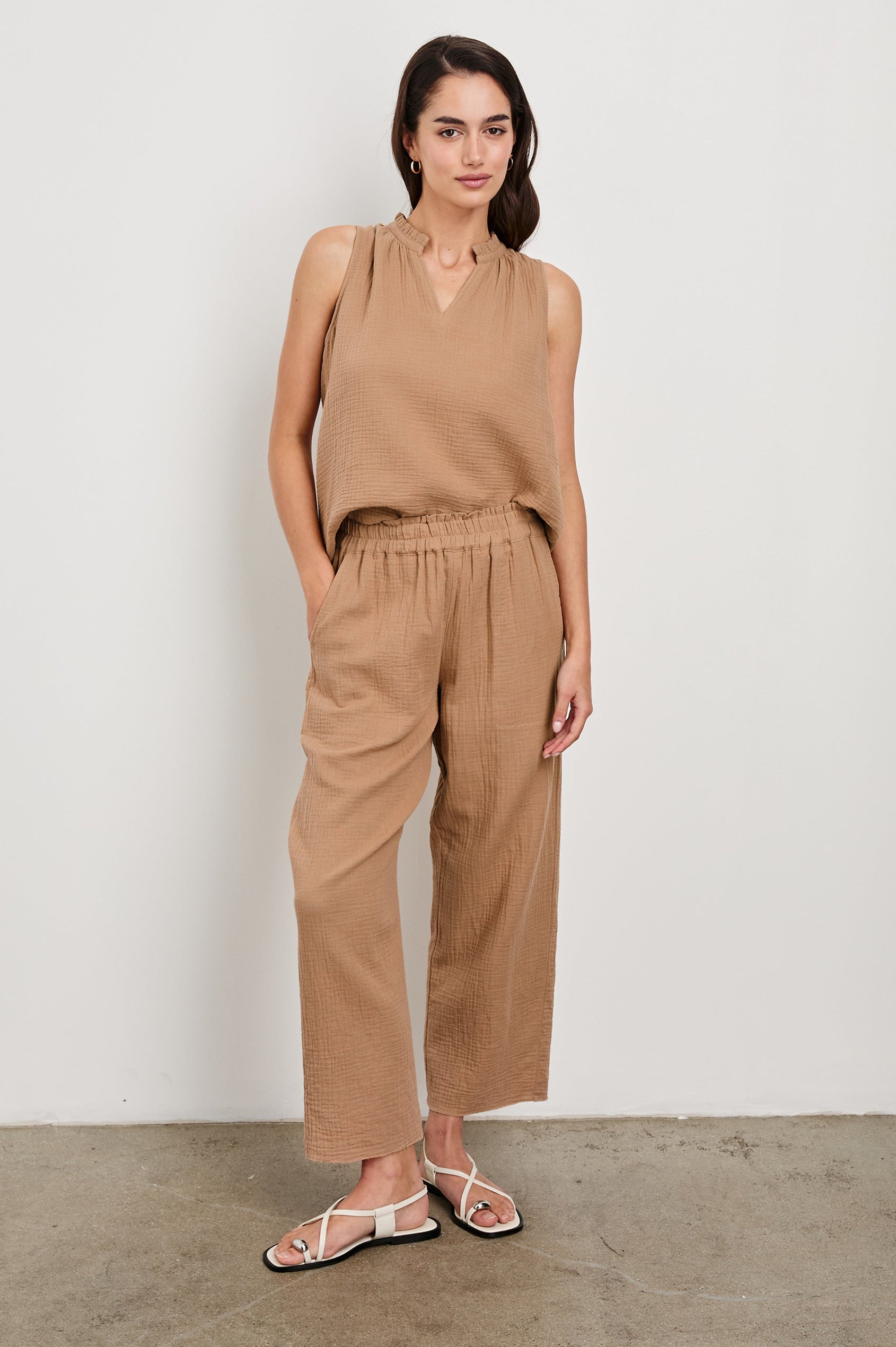 Christy Cotton Gauze Sleeveless Top with Collared V-Neck In Colorway Taupe - Full Front Body View Tucked In Featured On Model