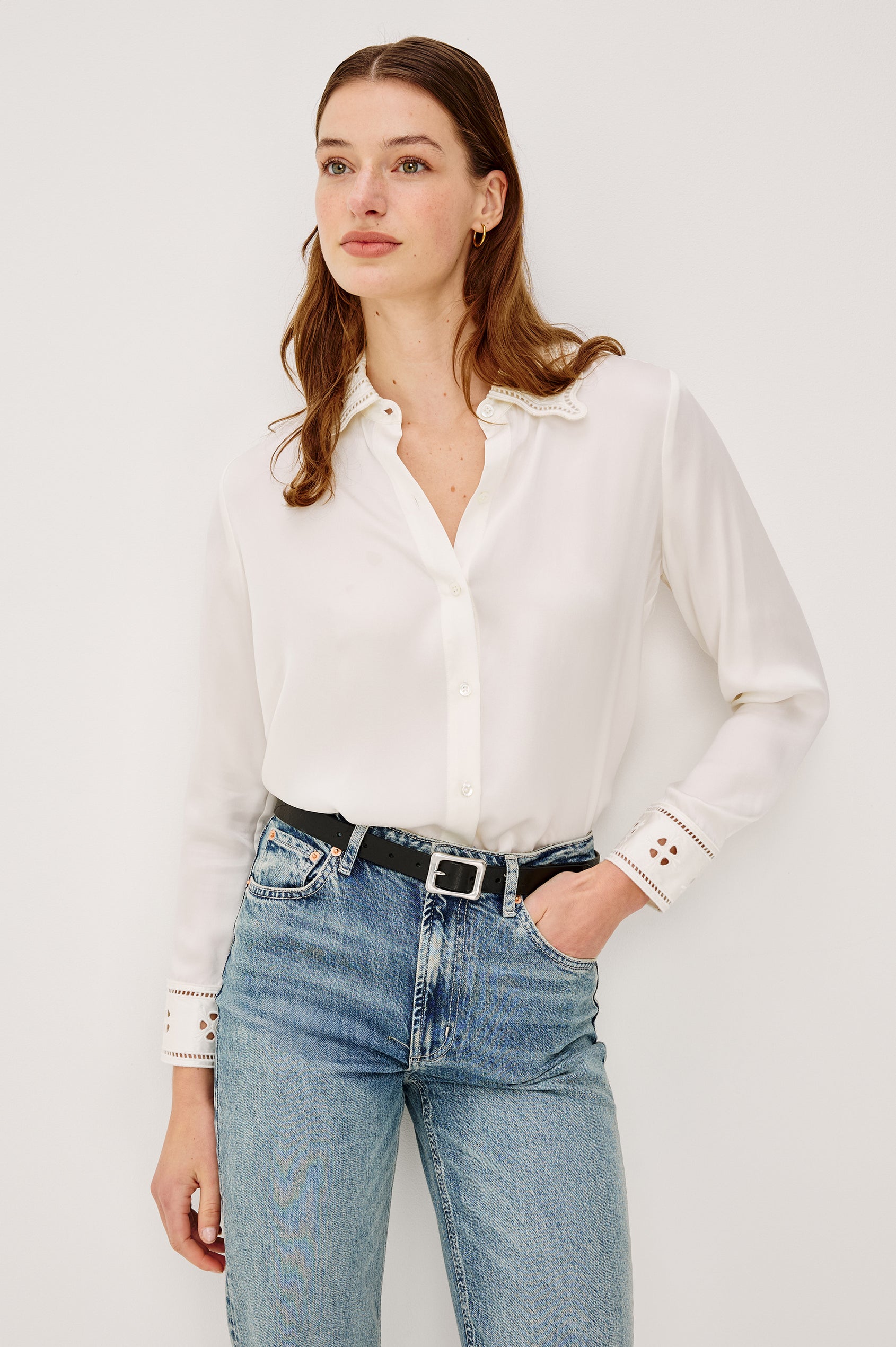 Clarise Button-Up Shirt in Silk Charmeues With Eyelet Embroidered Collar and Cuffs Long Sleeves and Relaxed Fit in Ivory Eyelet Colorway - Upper Body Front View Featured on Model