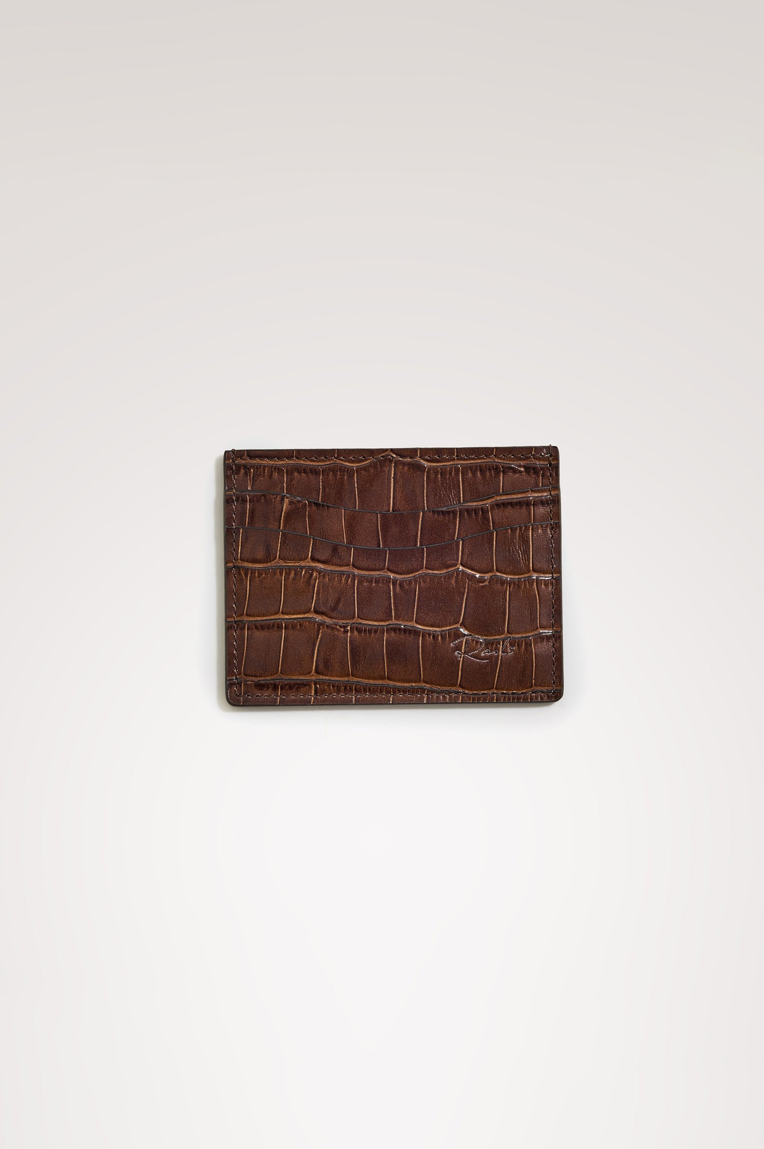 Classic Card Holder in Croc-Embossed Spanish Leather With Top Pocket, Two Front Slip Pockets, and Embossed Rails Logo in Dark Brown Croc Embossed Colorway -