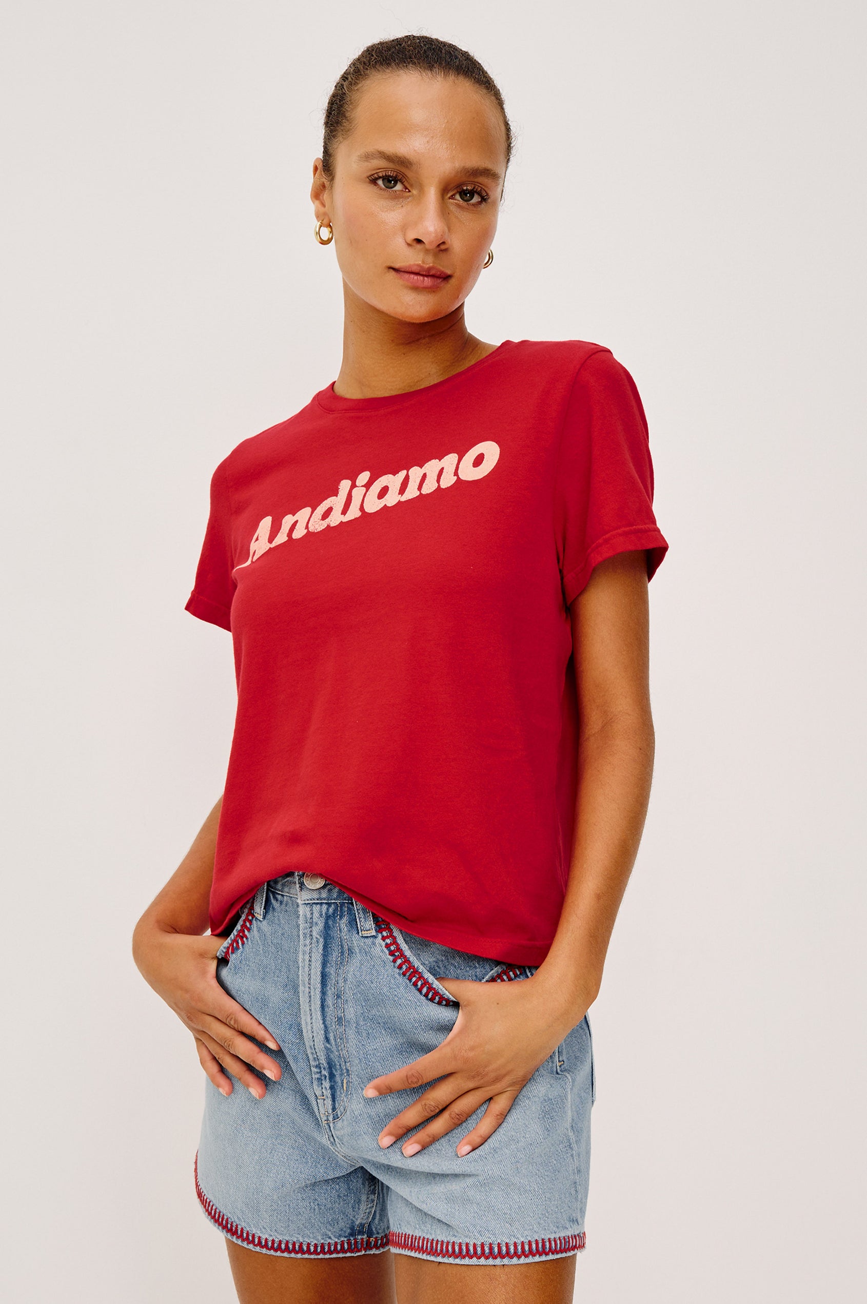 Classic Crew Neck T-Shirt in Pima Cotton With Relaxed Fit and Short Sleeves in Andiamo Tomato Colorway - Upper Body Front View Featured on Model