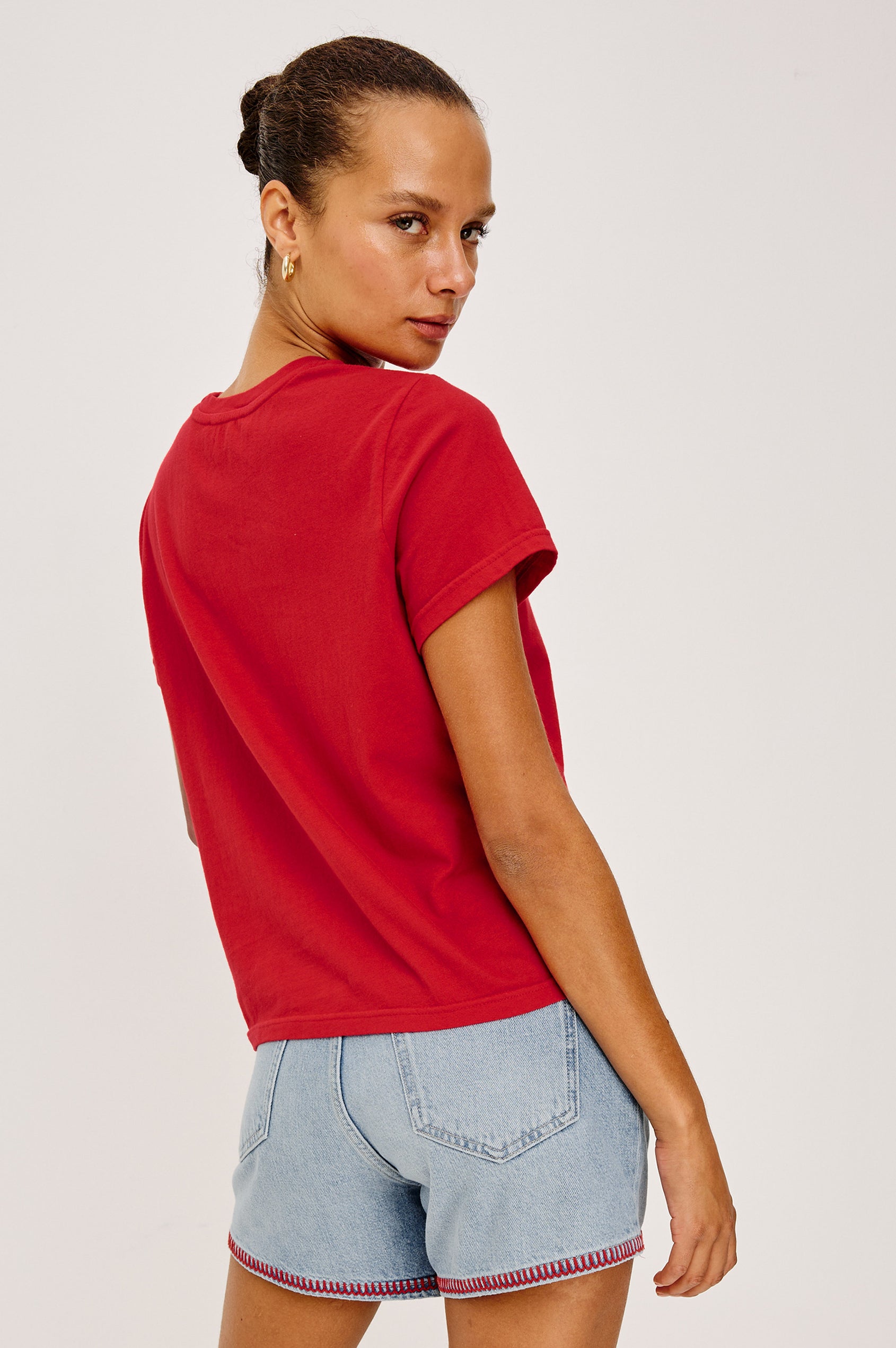 Classic Crew Neck T-Shirt in Pima Cotton With Relaxed Fit and Short Sleeves in Andiamo Tomato Colorway - Upper Body Back View Featured on Model