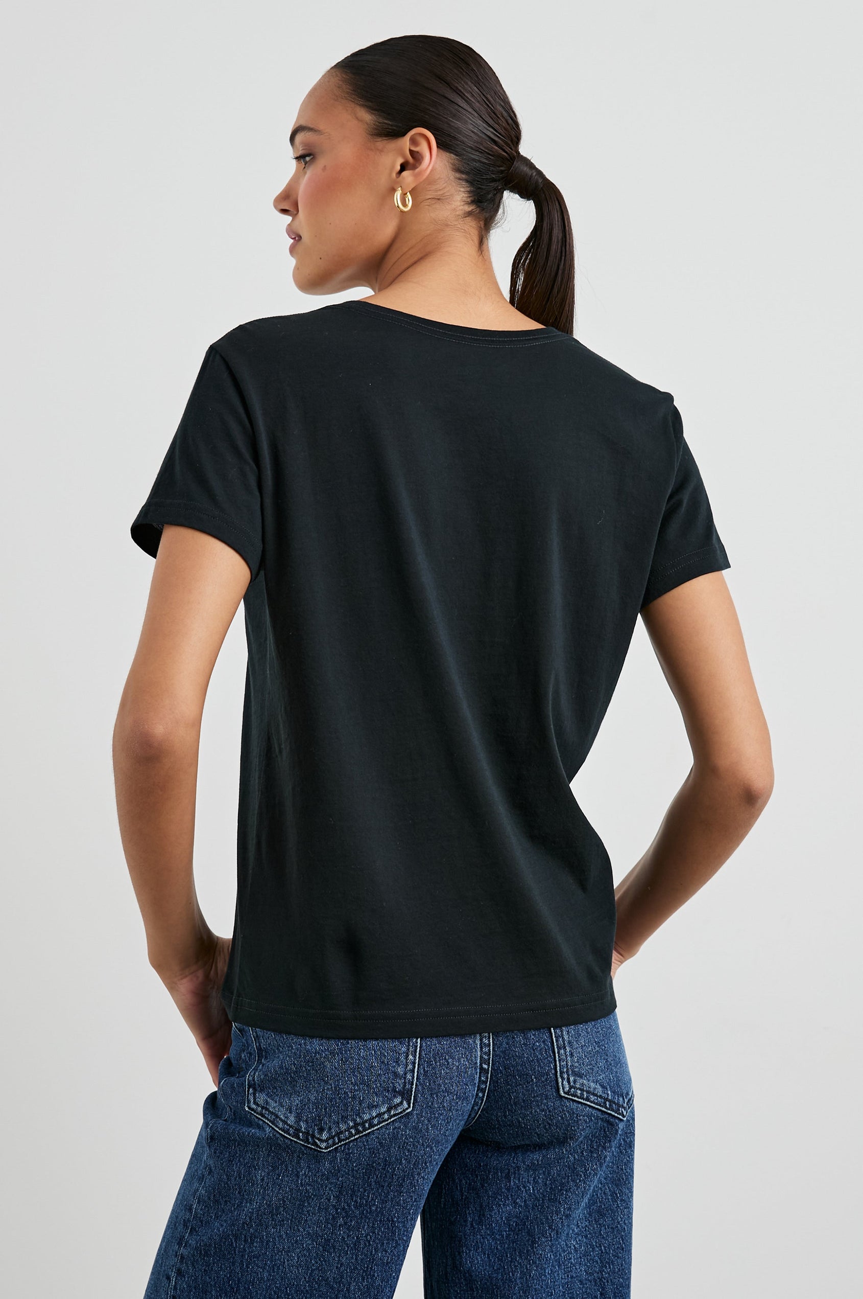 Classic Short Sleeve Crew Neck T-Shirt in Black Colorway - Back View Featured on Model