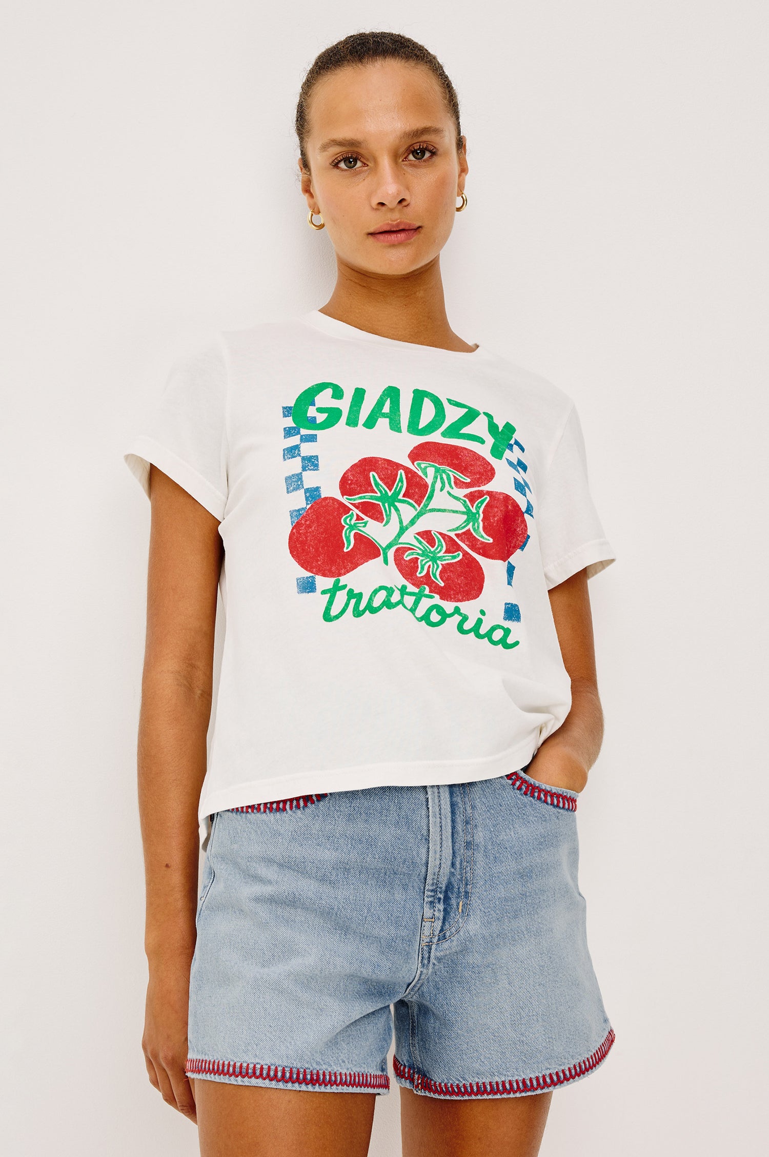 Classic Crew Neck T-Shirt in Pima Cotton With Relaxed Fit and Short Sleeves in Trattoria Colorway - Upper Body Front View Featured on Model