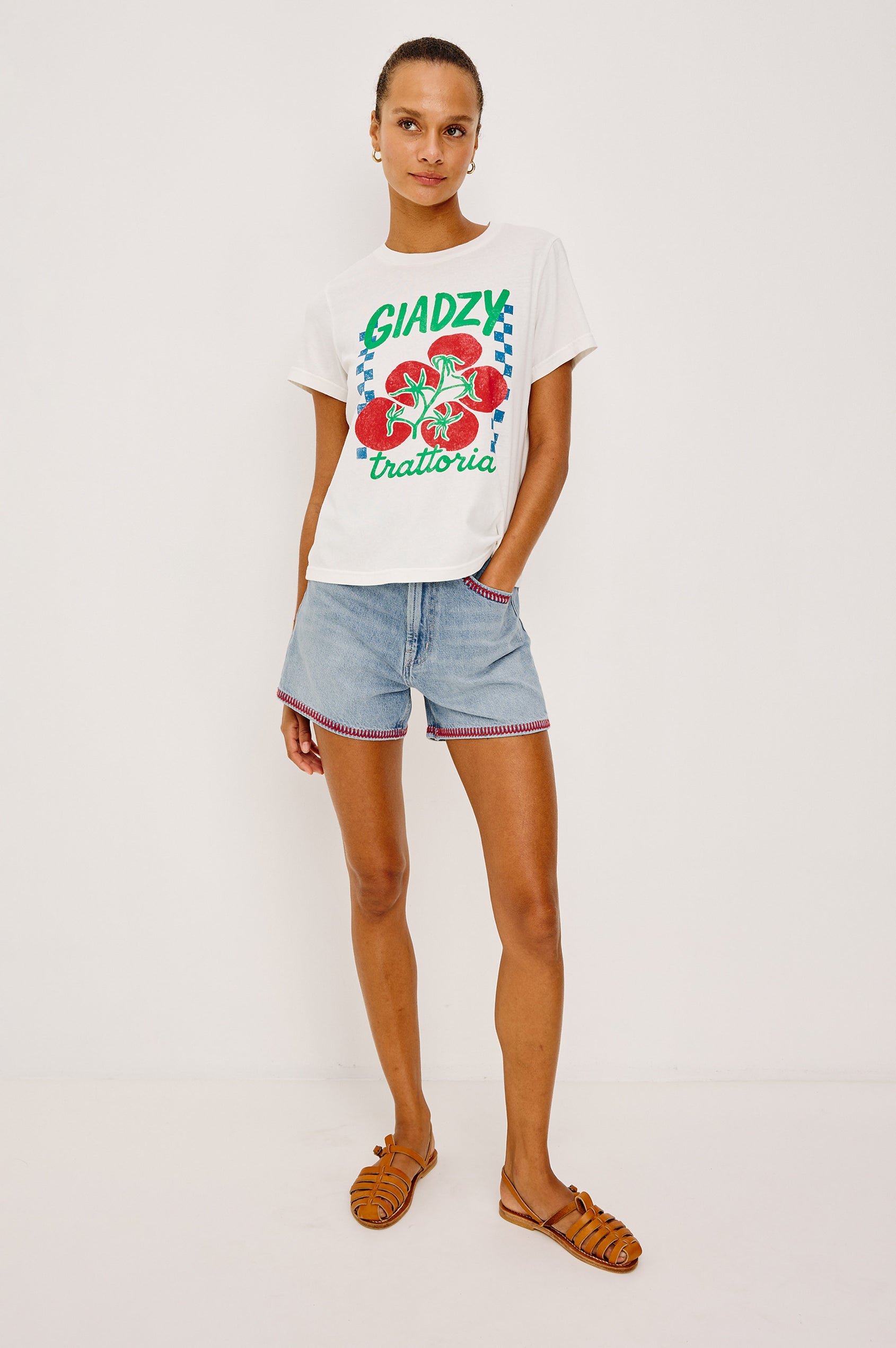 Classic Crew Neck T-Shirt in Pima Cotton With Relaxed Fit and Short Sleeves in Trattoria Colorway - Full Body Front View Featured on Model