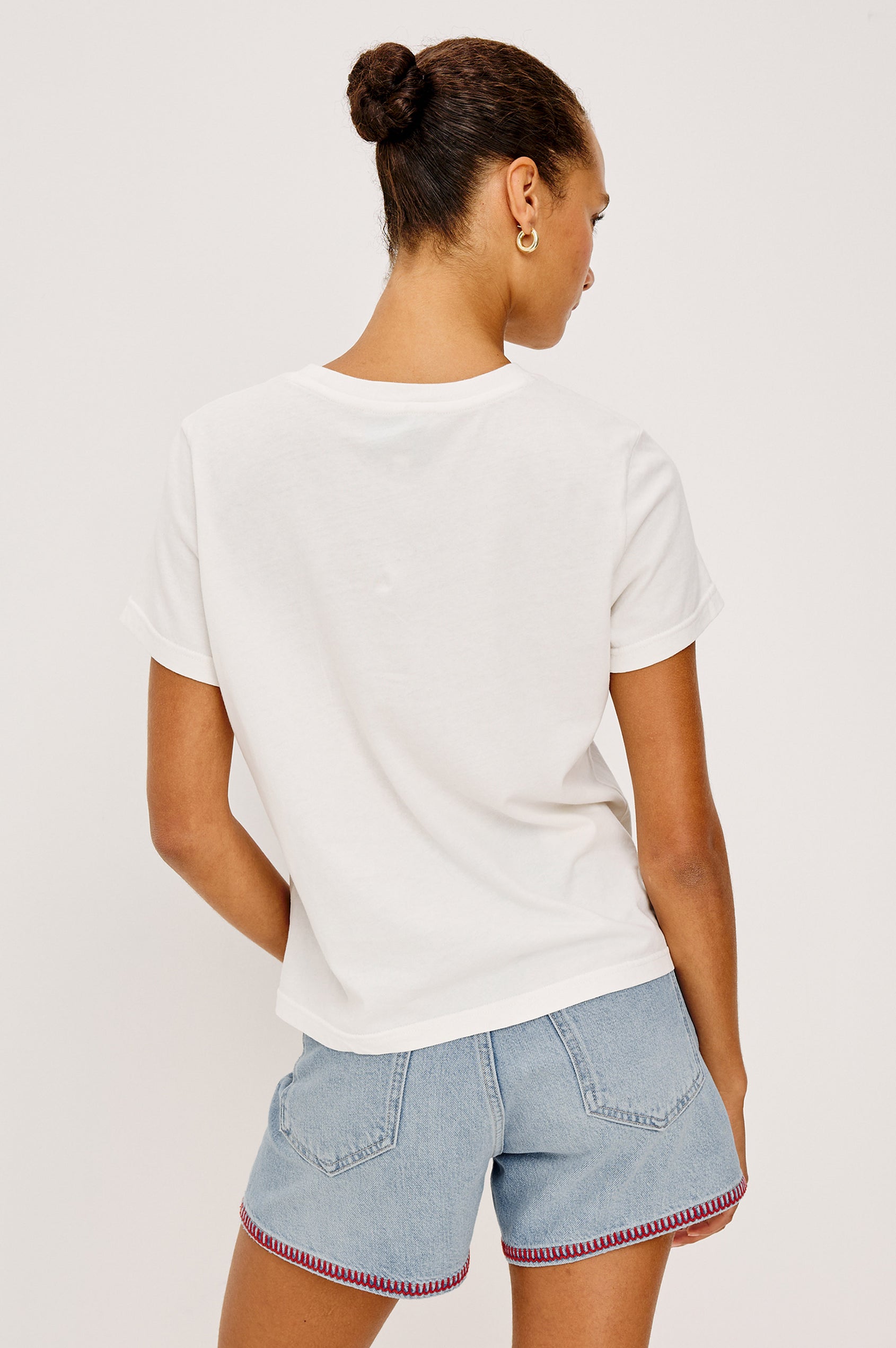 Classic Crew Neck T-Shirt in Pima Cotton With Relaxed FIt and Short Sleeves in Trattoria Colorway - Upper Body Back View Featured on Model