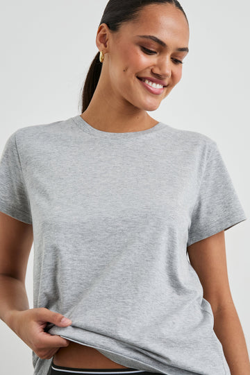 Classic Short Sleeve Crew Neck T-Shirt in Heather Grey Colorway - Front View Featured on Model