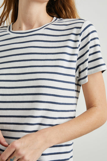 Classic Short Sleeve Crew Neck T-Shirt in Ivory Navy Stripe Colorway, Horizontal Stripes - Front View Featured on Model