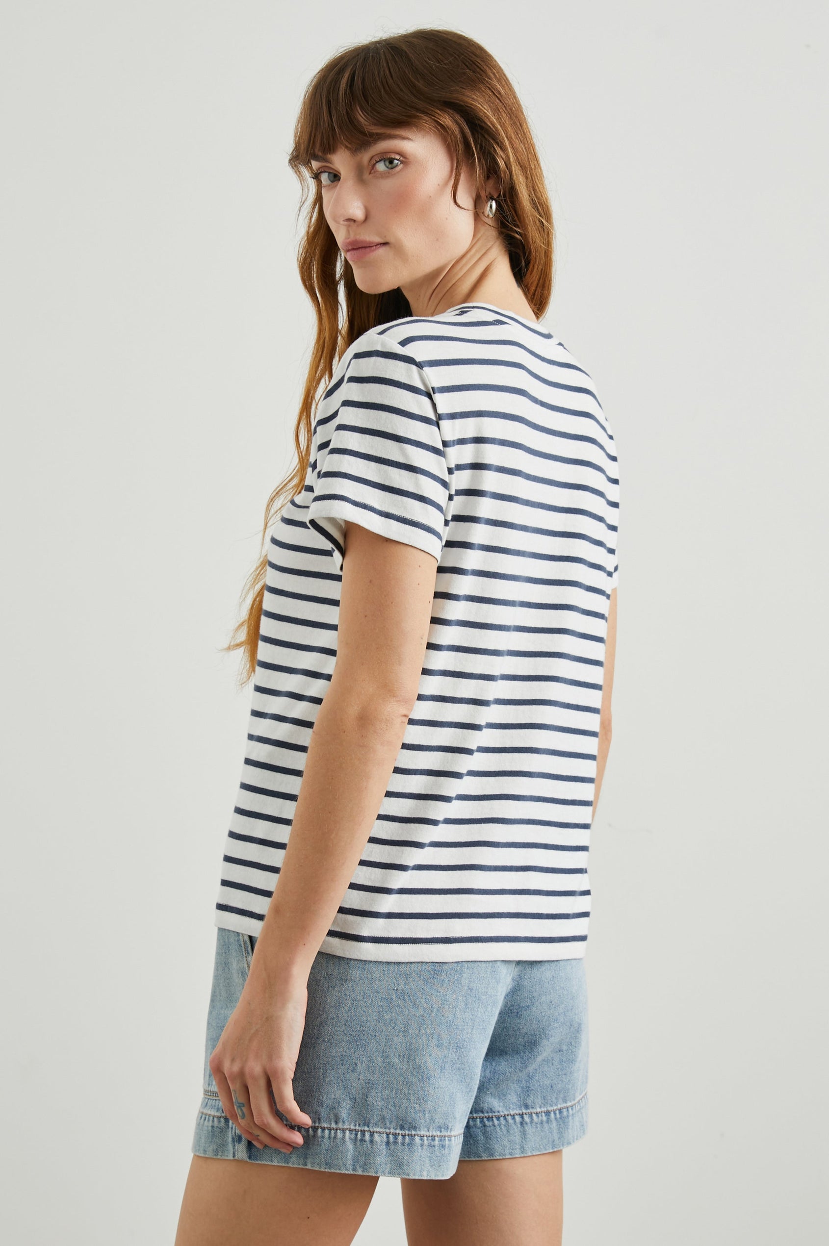 Classic Short Sleeve Crew Neck T-Shirt in Ivory Navy Stripe Colorway, Horizontal Stripes - Back View Featured on Model