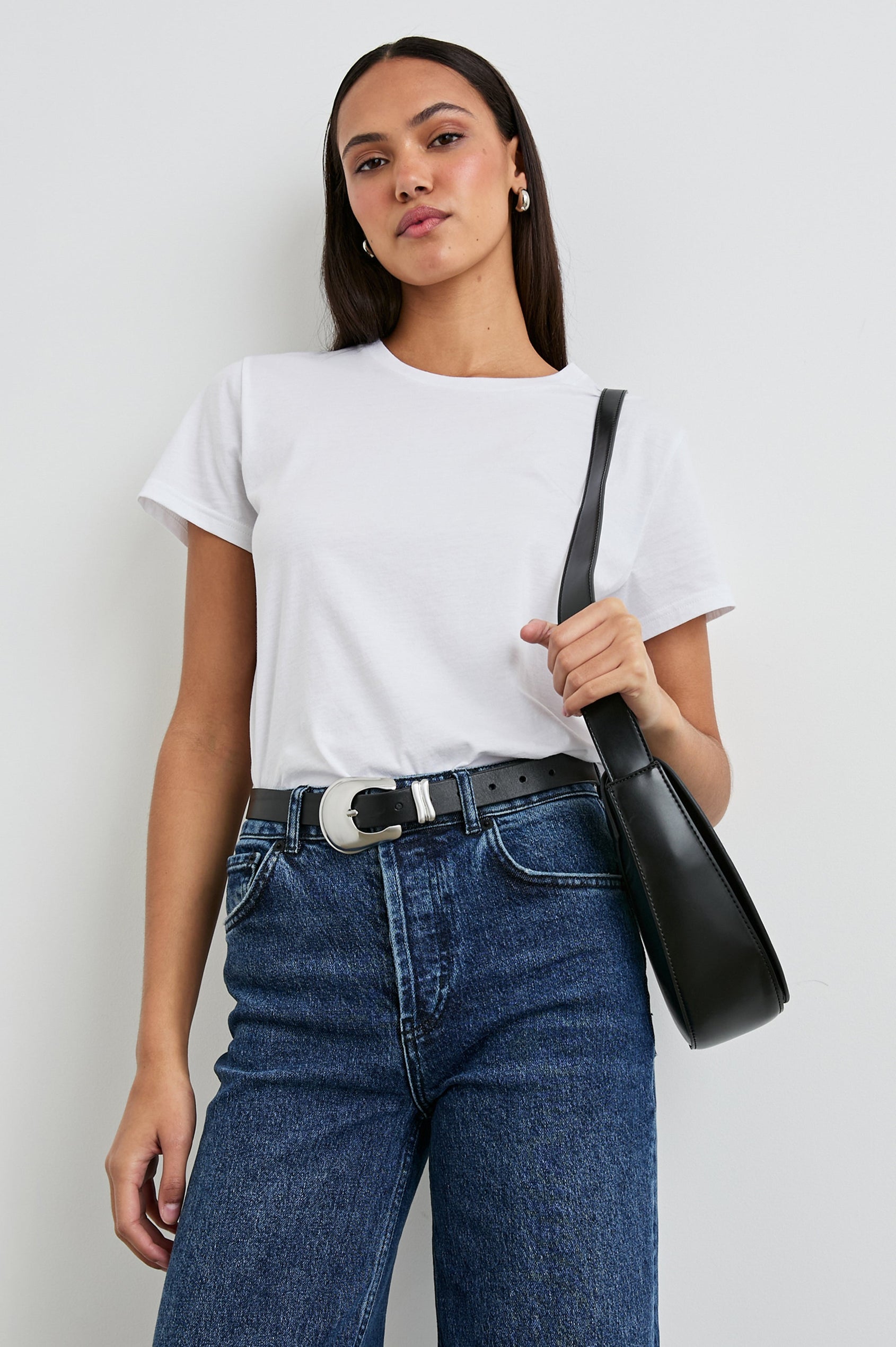 Classic Short Sleeve Crew Neck T-Shirt in White Colorway - Front Tucked View Featured on Model