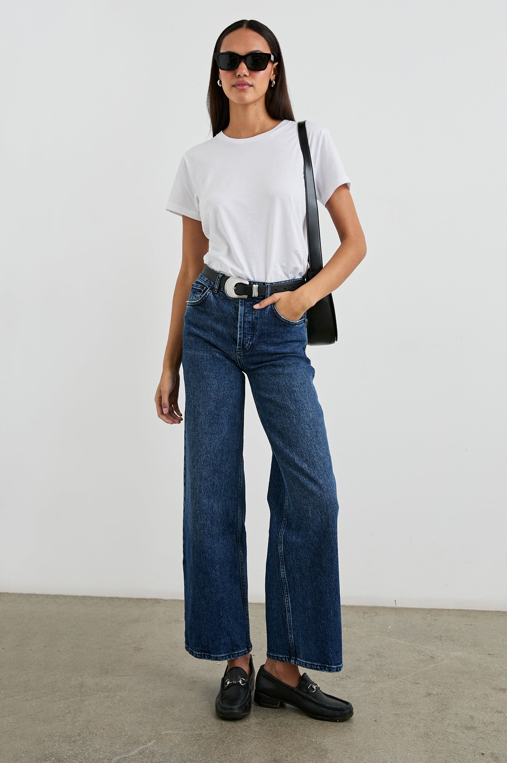 Classic Short Sleeve Crew Neck T-Shirt in White Colorway - Front Tucked Full Body View Featured on Model