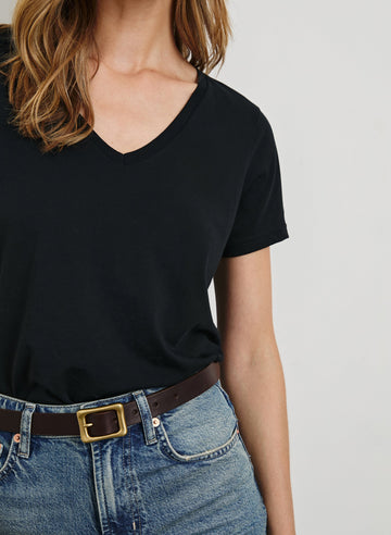 Classic Short Sleeve V Neck T-Shirt in Black Colorway - Front Tucked View Featured on Model