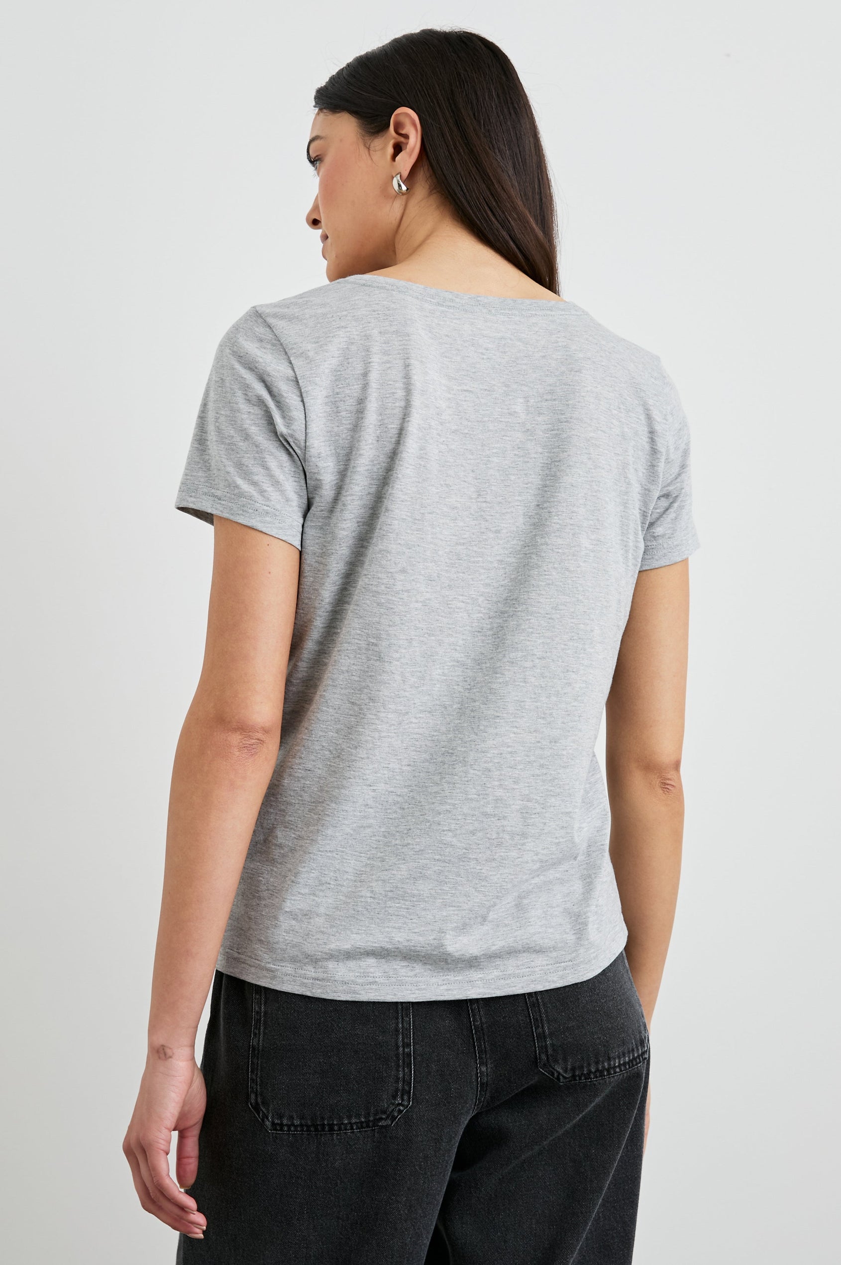 Classic Short Sleeve V Neck T-Shirt in Heather Grey Colorway - Back View Featured on Model