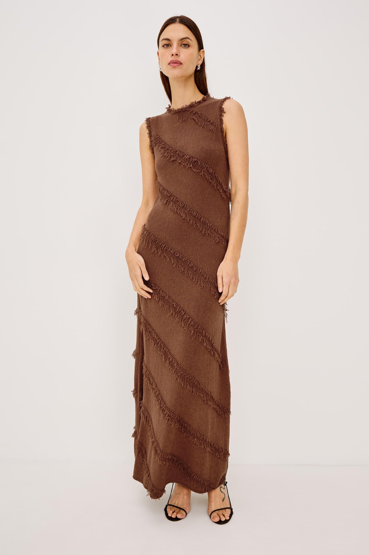 Claudia Maxi Dress in Silk Blend With Diagonal Fringe Trim, Round Neckline, and Straight Hem in Cinnamon Colorway - Full Body Front View Featured on Model