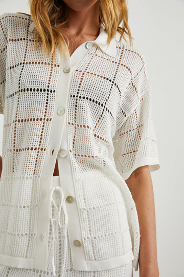Clemente Short Sleeve Button Up with an Open Knit Grid Pattern in White Colorway - Front View Featured on Model