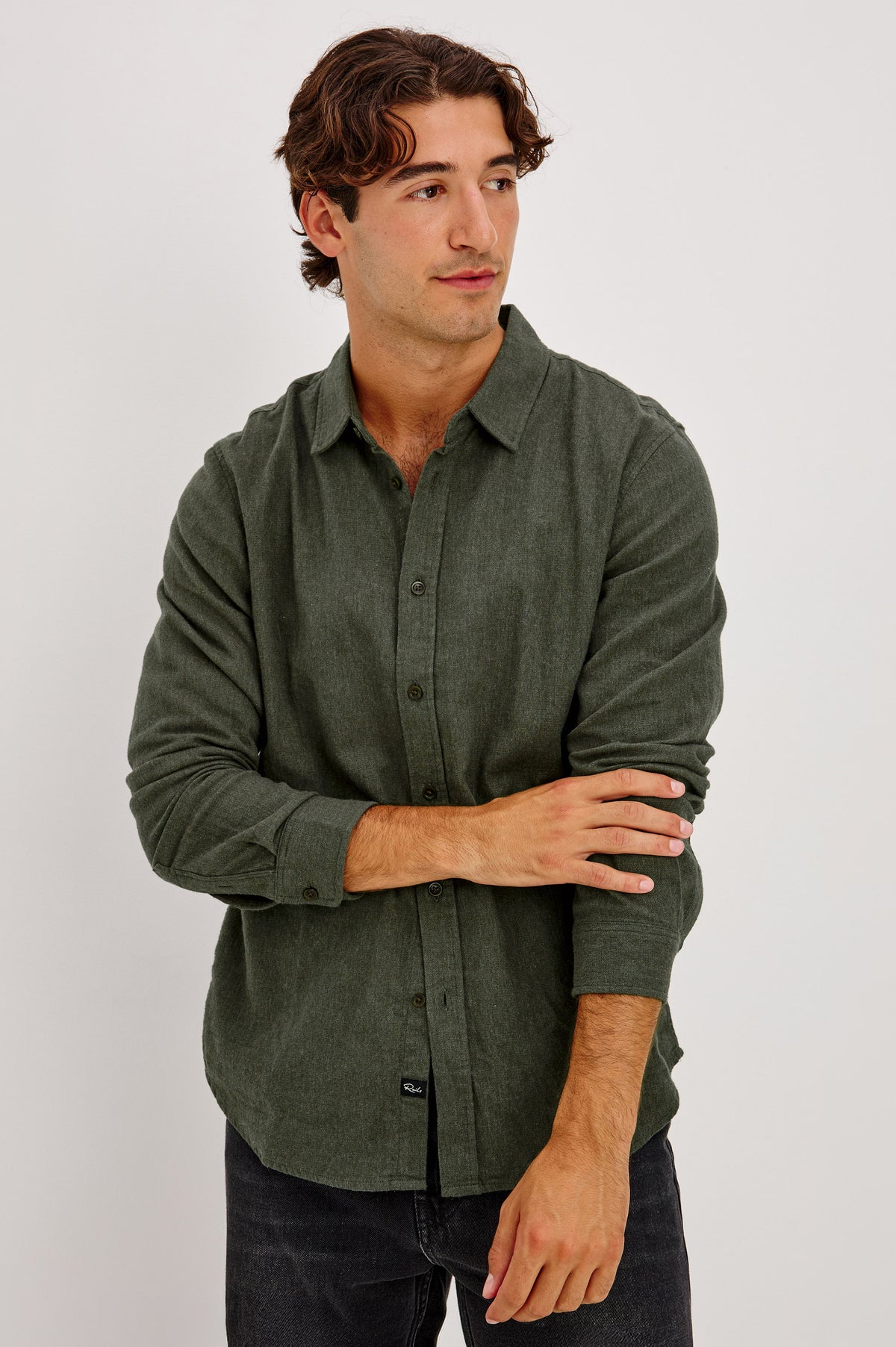Cliff Shirt in Brushed Herringbone Knit With Classic Collar and Front Buttons in Moss Herringbone Colorway -
