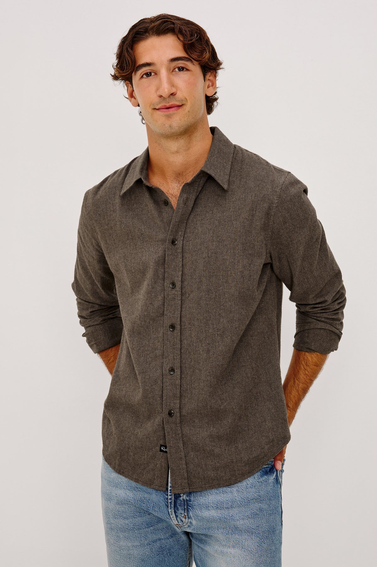 Cliff Shirt in Brushed Herringbone Knit With Classic Collar and Front Buttons in Saddle Herringbone Colorway -