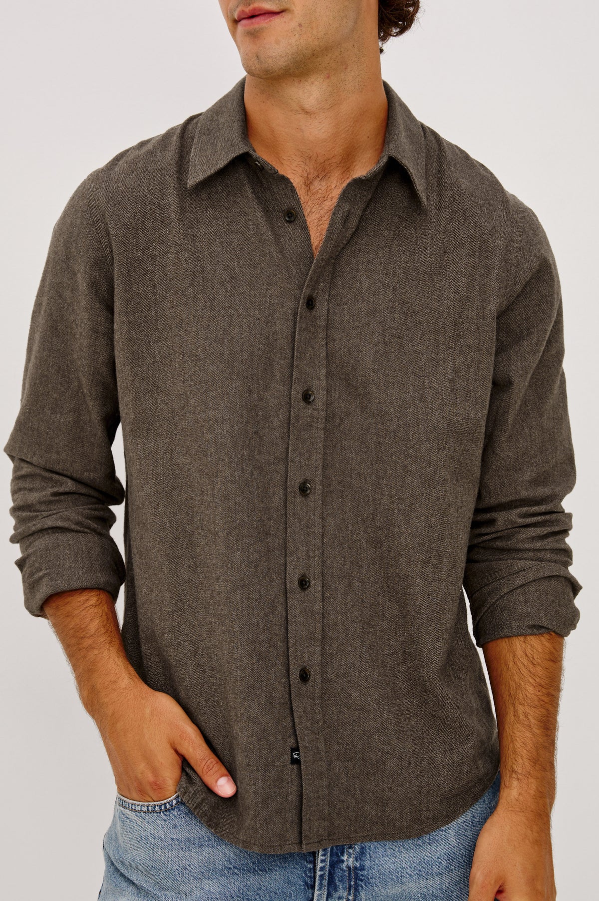 Cliff Shirt in Brushed Herringbone Knit With Classic Collar and Front Buttons in Saddle Herringbone Colorway -