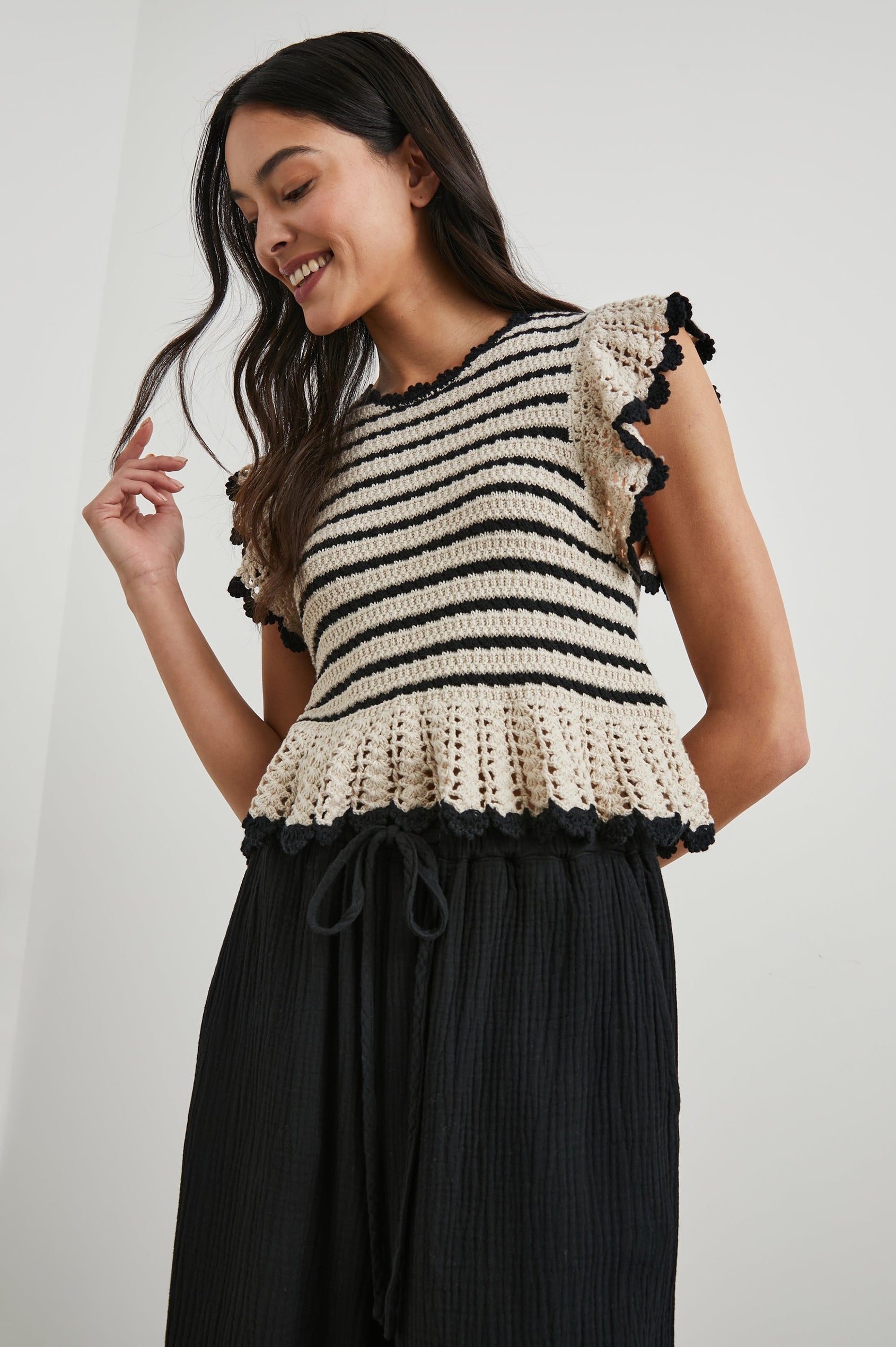 Coen Crochet Knit Short-Sleeve Top with Flared Sleeves and a Back Keyhole Tie in Oatmeal Black Stripe Colorway, Horizontal Stripes - Front View Featured on Model