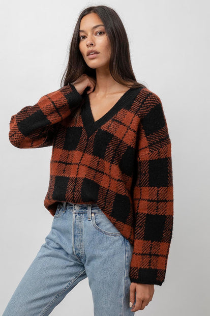 Colleen Rust Black Plaid Sweater- front french tuck