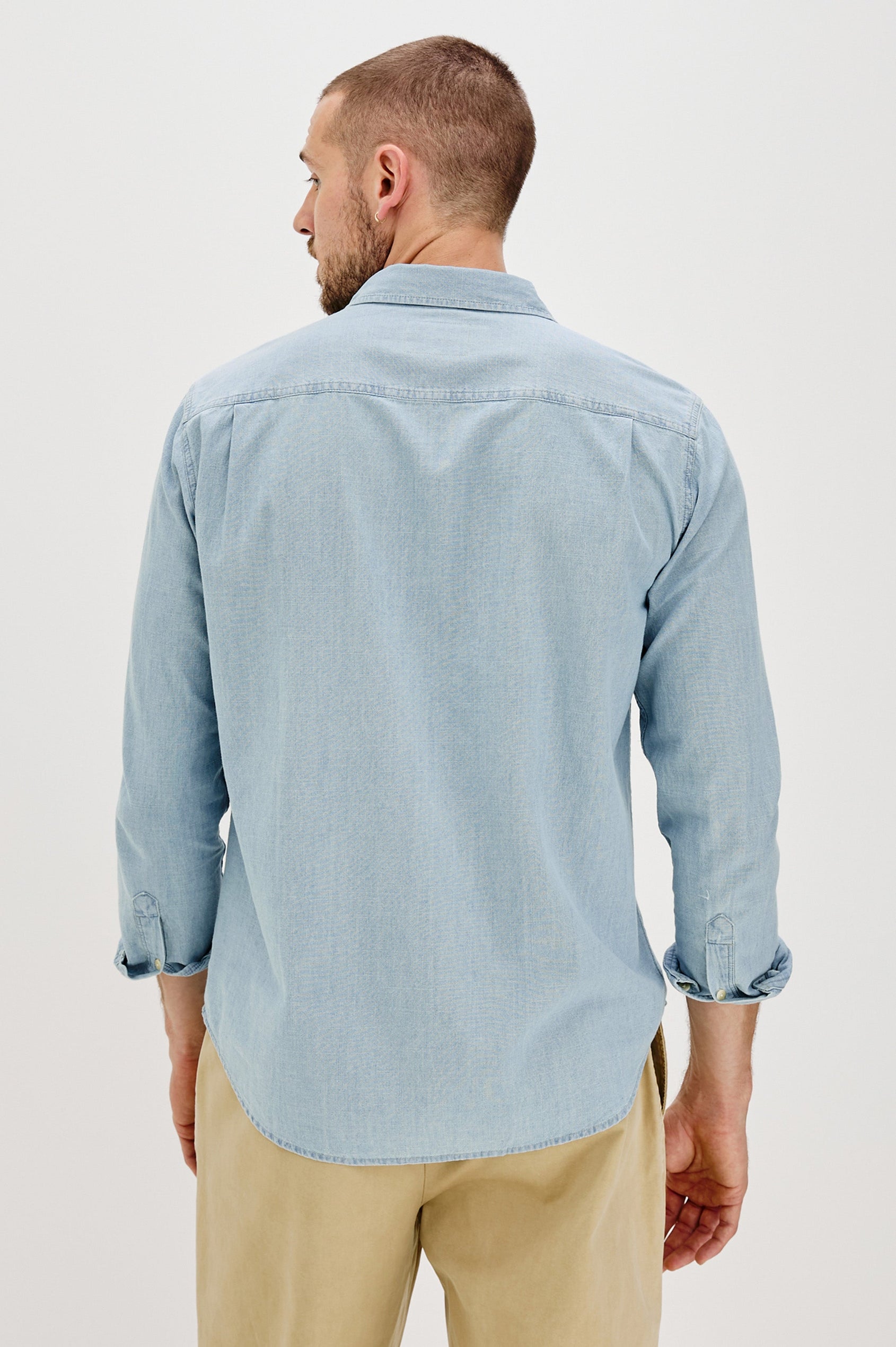 Colton Long-Sleeve Denim Button Up with a Chest Patch Pocket in Medium Vintage Wash Colorway -Back View Featured on Model 