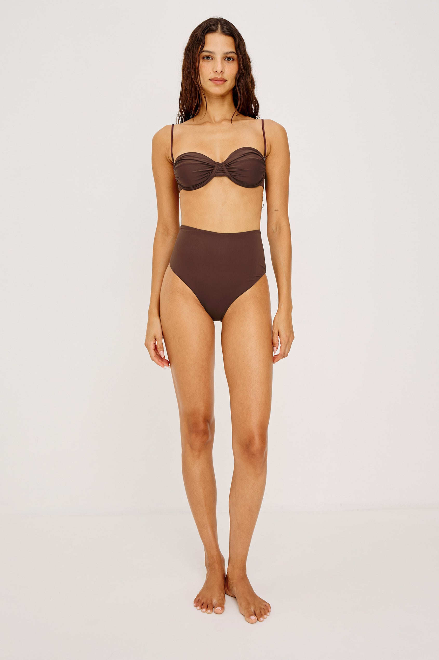 Concha Bikini Top With Balconette Shape, Ruched Underwire Bust Cups, Adjustable Shoulder Straps, and Back Hook Closure in Espresso Colorway - Lower Body Back View Featured on Model
